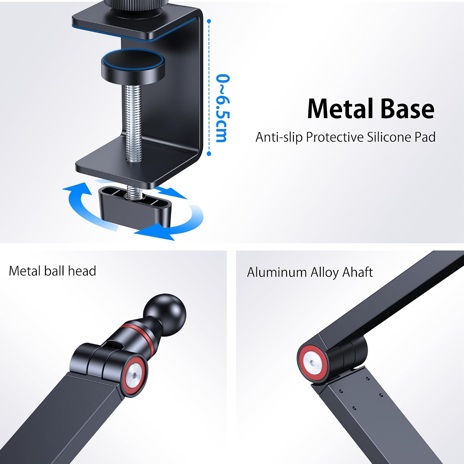 Drei Teile zeigen eine Metallklemmenbasis, einen Metallkugelkopf und eine Aluminiumlegierungswelle mit roten Akzenten.