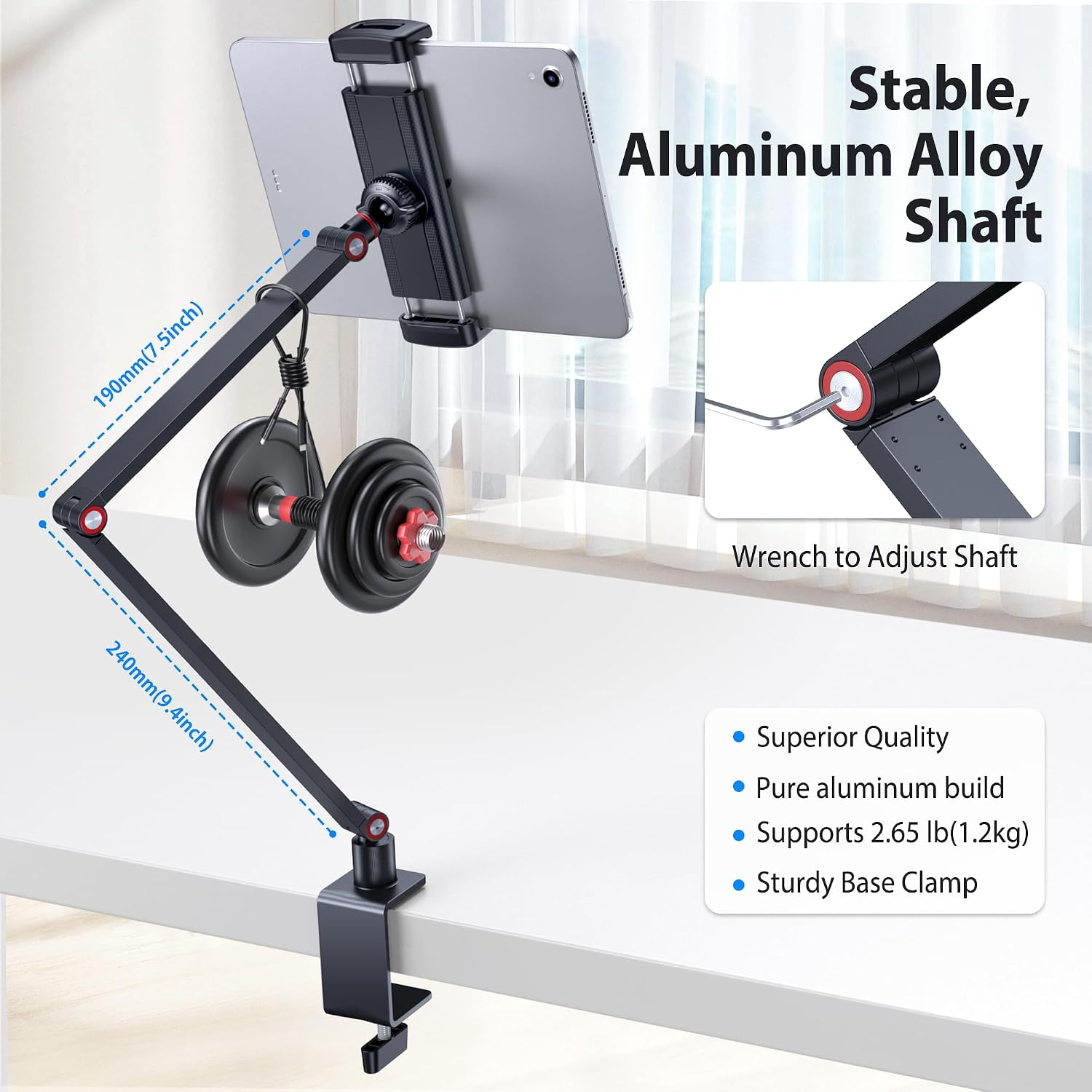 Verstellbarer Aluminium-Tablettständer an einem Schreibtisch mit Tablet und zwei Gewichten, Maßen und Funktionen.