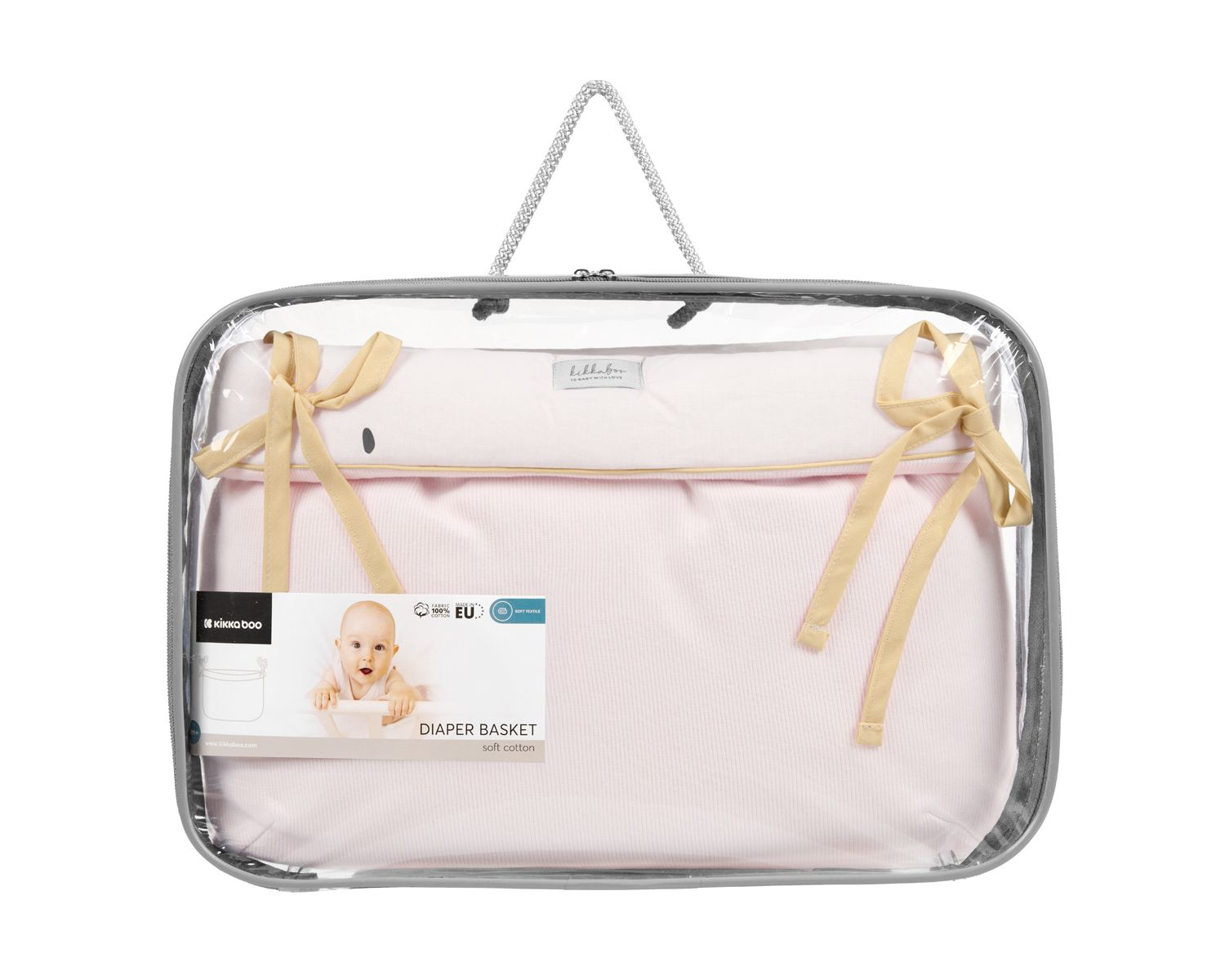 Rosa Windelkorb in durchsichtiger Tasche mit gelben Schleifen.