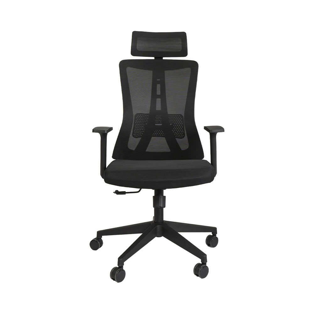 Une chaise de bureau ergonomique noire avec dossier en maille, accoudoirs et roulettes sur fond blanc.