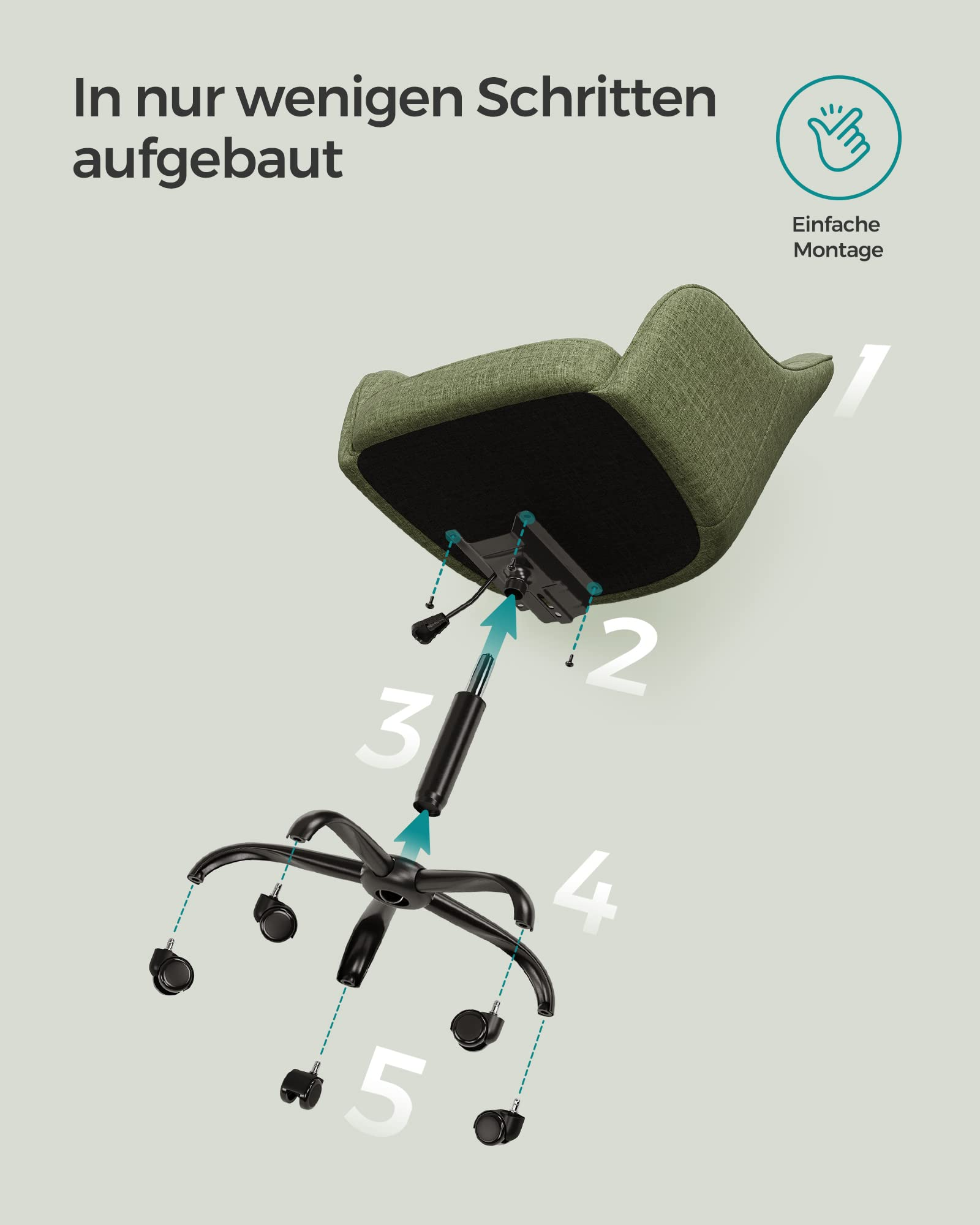 Anleitung zur einfachen Montage eines grünen Bürostuhls in fünf Schritten.