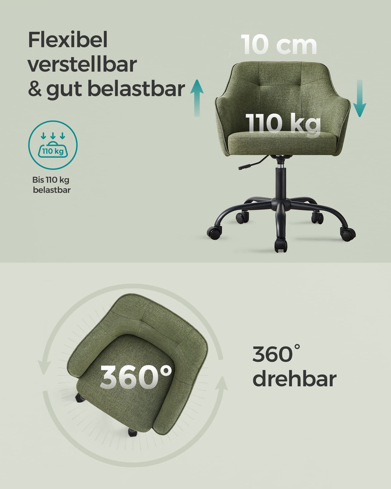 Grüner Schreibtischstuhl auf Rollen, 360 Grad drehbar, höhenverstellbar bis 110 kg.