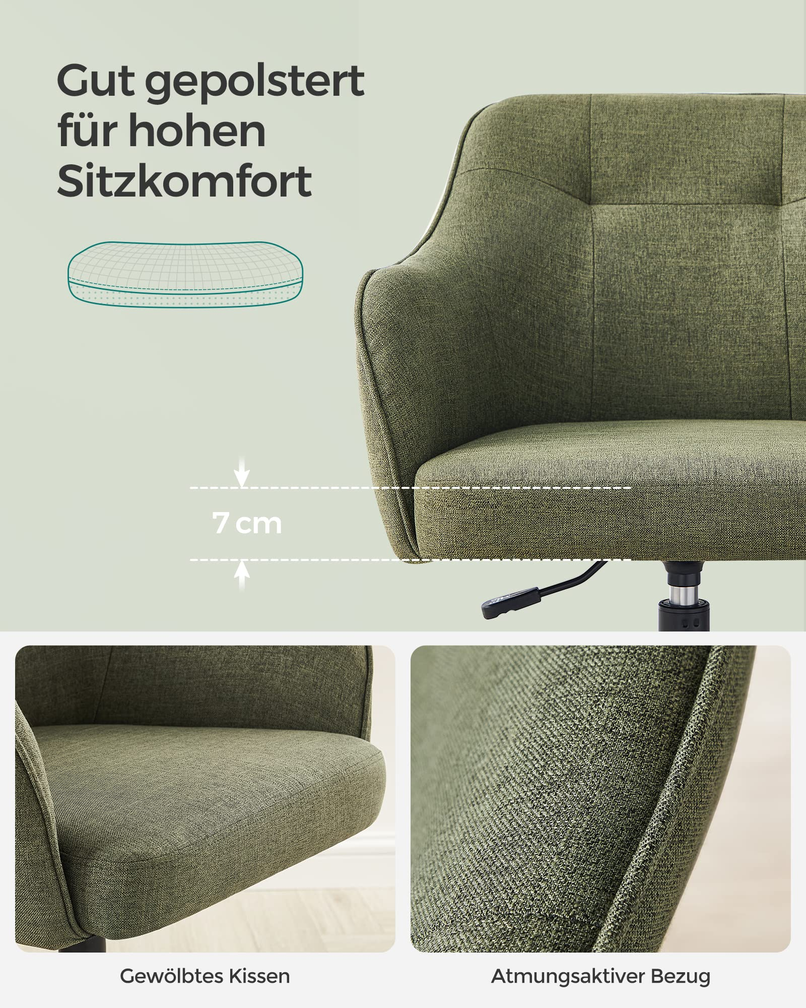 Grüner Polsterstuhl mit 7 cm dickem Kissen und atmungsaktivem Bezug.