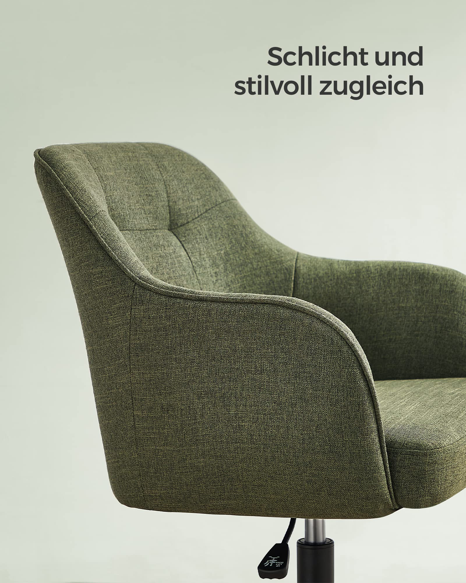 Ein grüner gepolsterter Stuhl mit Textilbezug vor hellem Hintergrund, mit der Aufschrift Schlicht und stilvoll zugleich