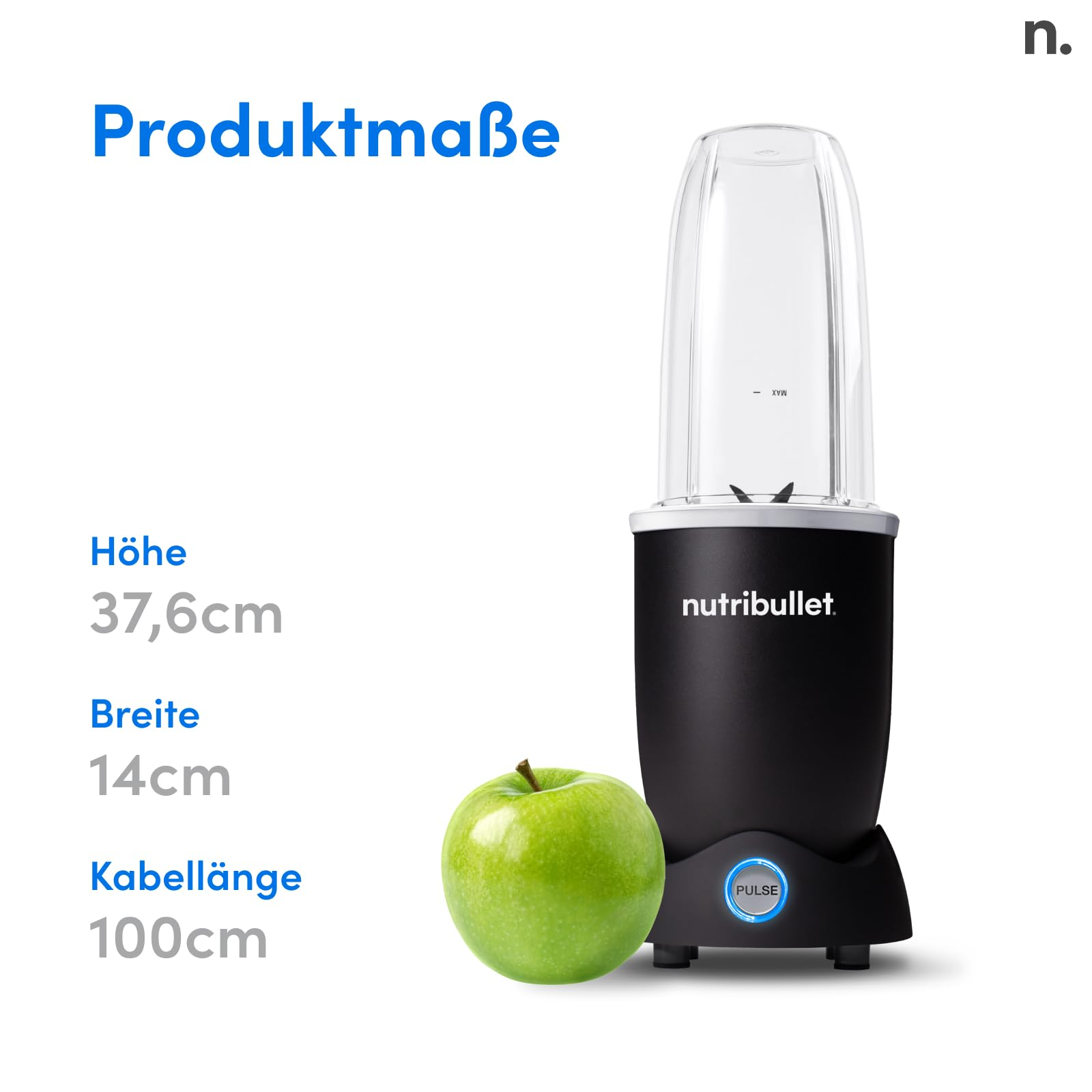 Blender Nutribullet noir avec pomme verte et dimensions sur fond blanc.