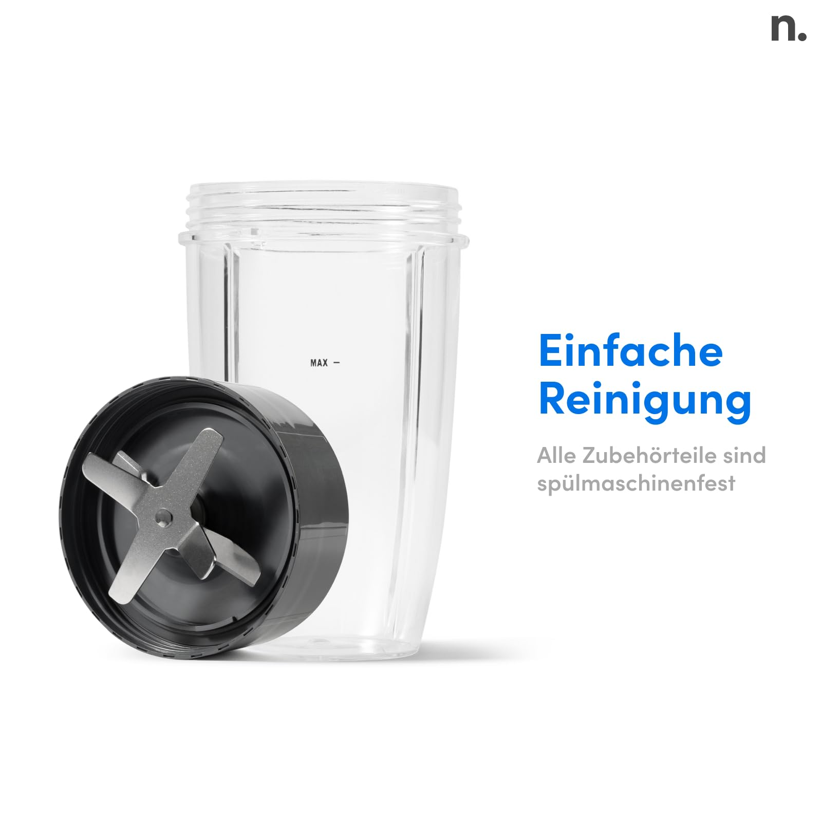 Un gobelet de blender transparent avec un bloc-lames noir sur fond blanc, avec du texte en allemand.