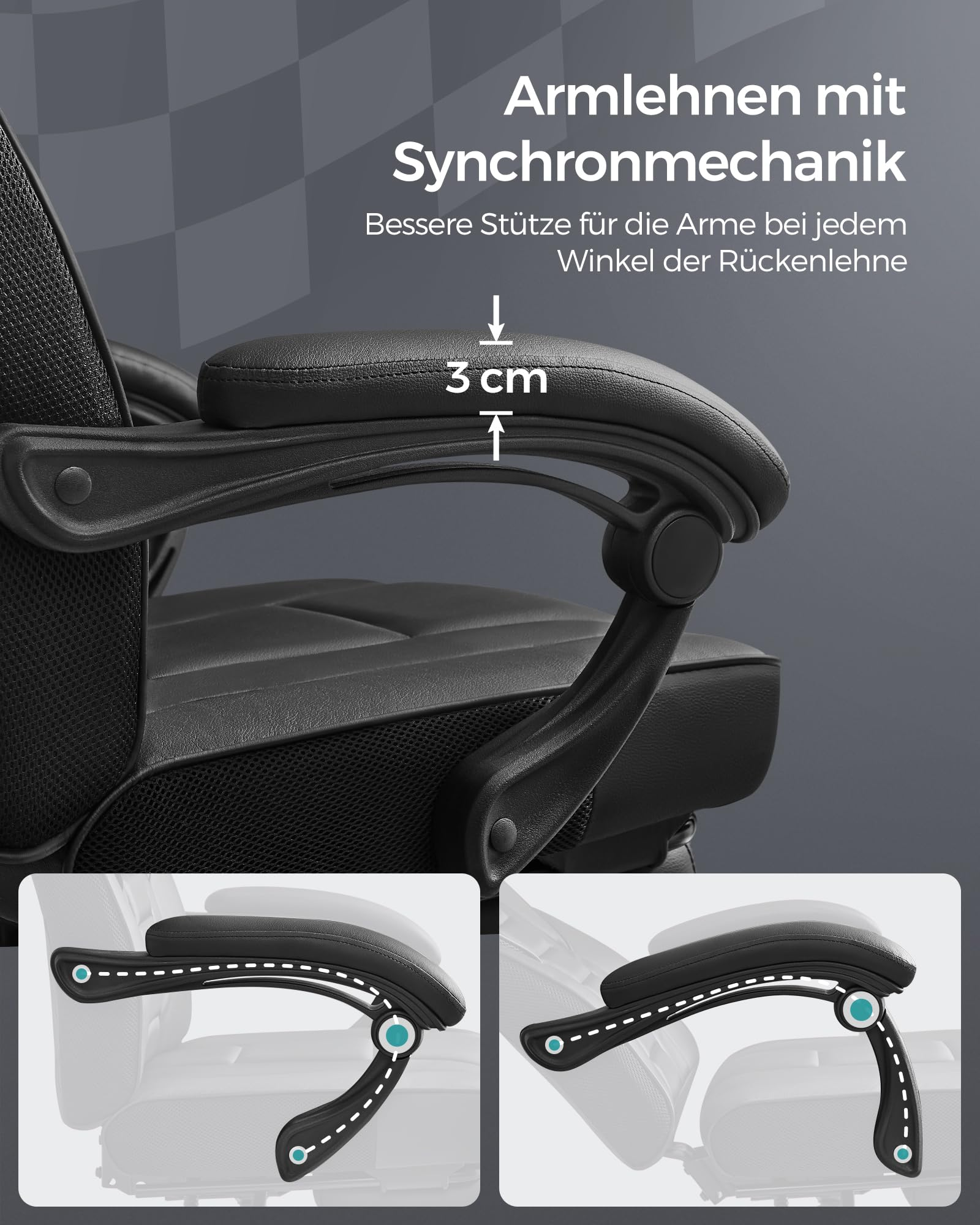 Bürostuhl mit verstellbaren Armlehnen und Synchronmechanik für bessere Stütze.