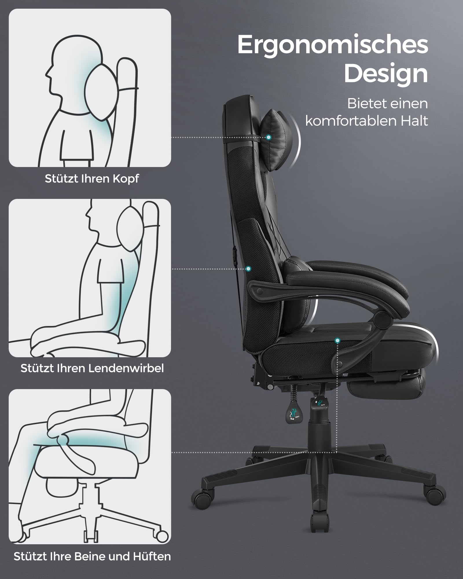 Ergonomischer schwarzer Stuhl mit Grafiken zur Unterstützung von Kopf, Lendenwirbeln und Beinen.