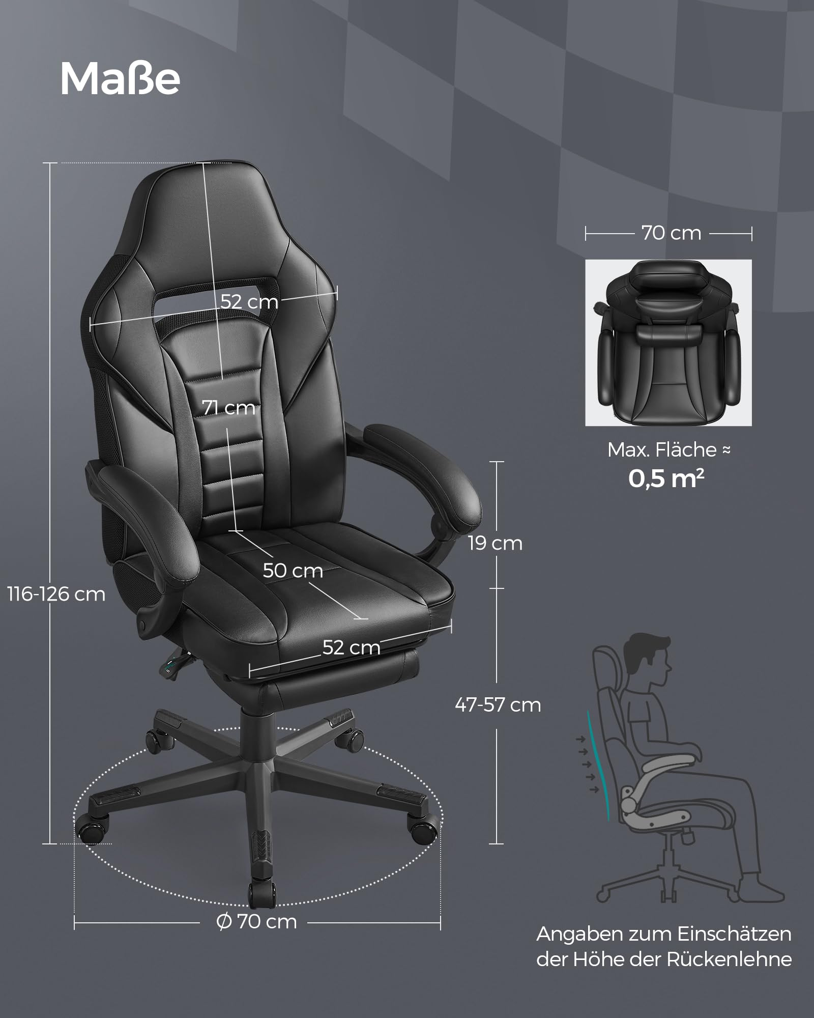 Technische Zeichnung eines schwarzen Gaming-Stuhls mit Maßen und einem Sitzenden.