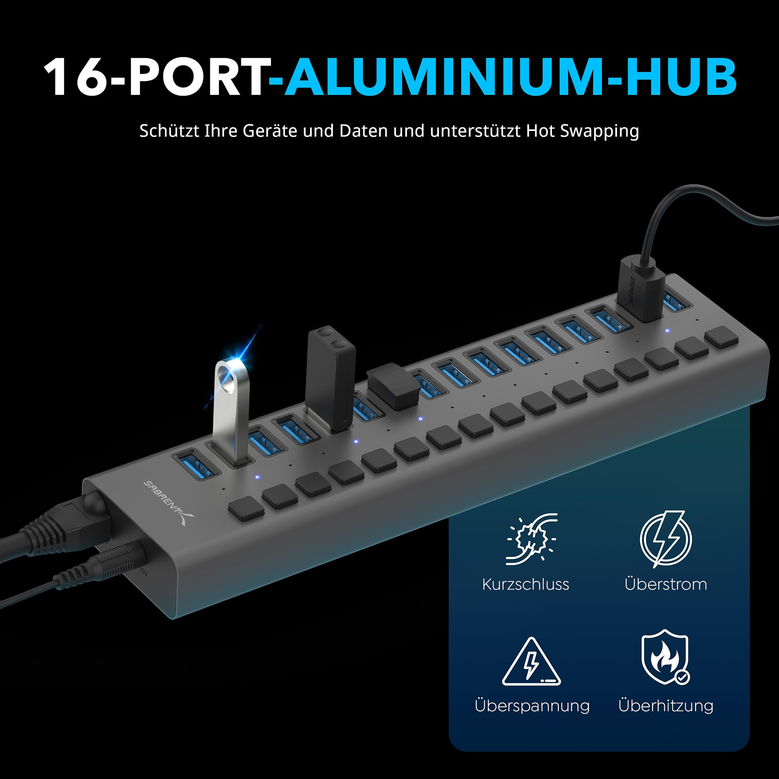 Hub USB in alluminio a 16 porte con cavi collegati e icone di protezione da cortocircuito, sovracorrente, sovratensione e surriscaldamento.