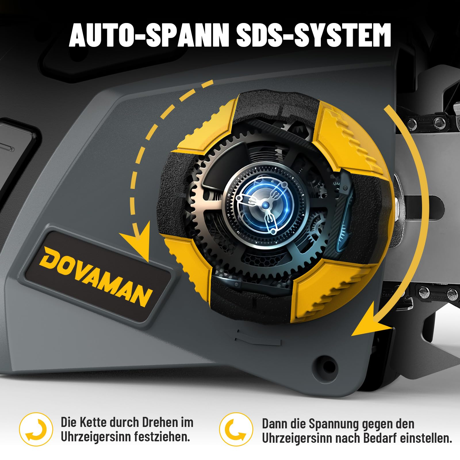 Nahaufnahme eines Kettensägen-Auto-Spann-SDS-Knopfs mit Zahnrädern, Pfeilen und deutschem Text.
