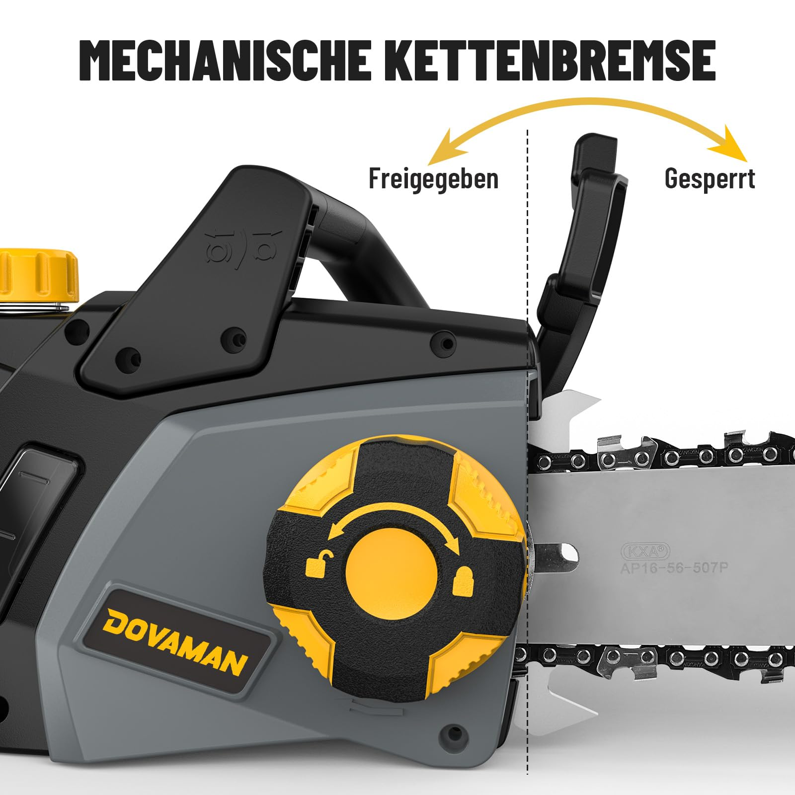 Diagramm der mechanischen Kettenbremse einer Dovaman Kettensäge, zeigt Freigegeben und Gesperrt.