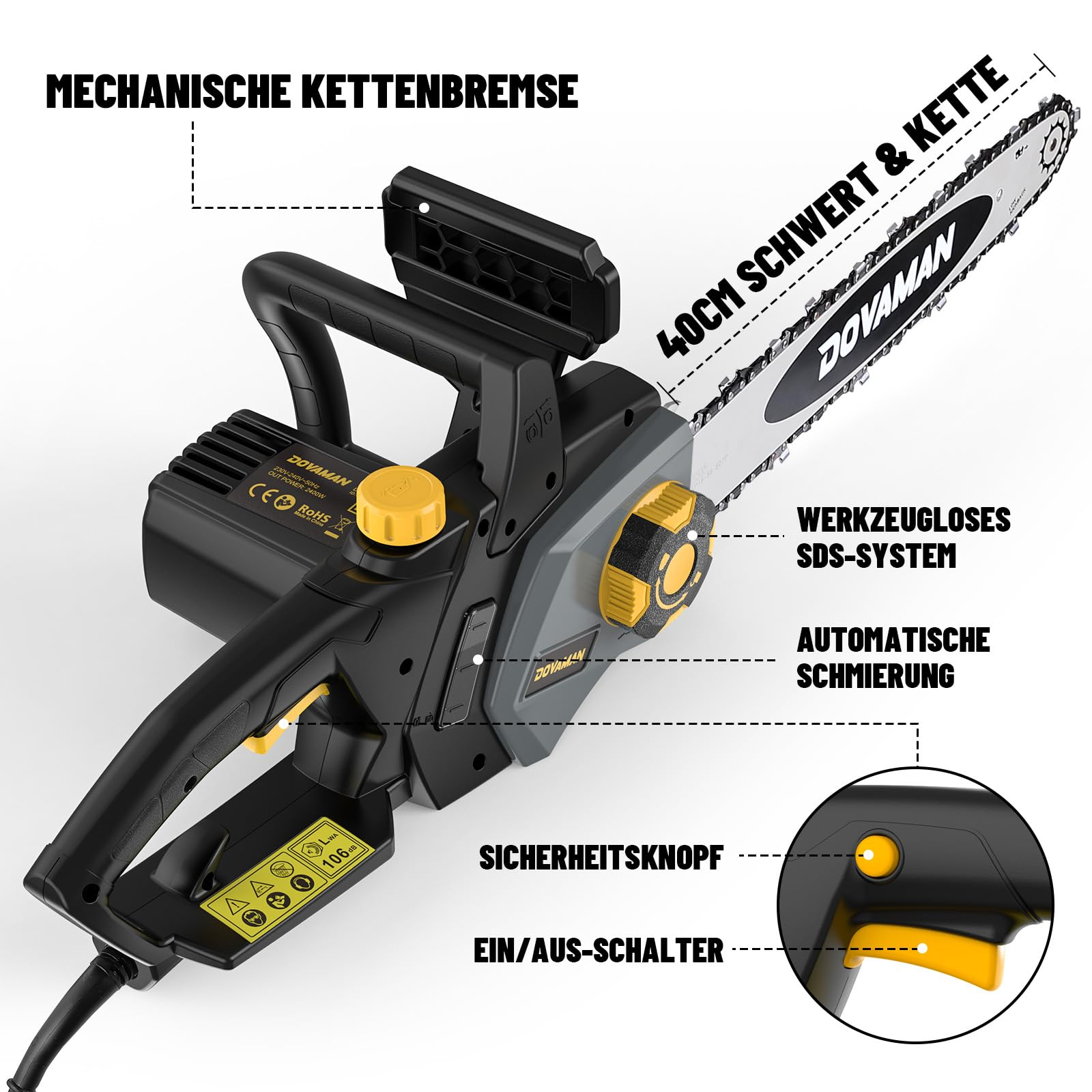 Schwarze und graue Dovaman Kettensäge mit gelben Details, 40cm Schwert und deutschen Beschriftungen.