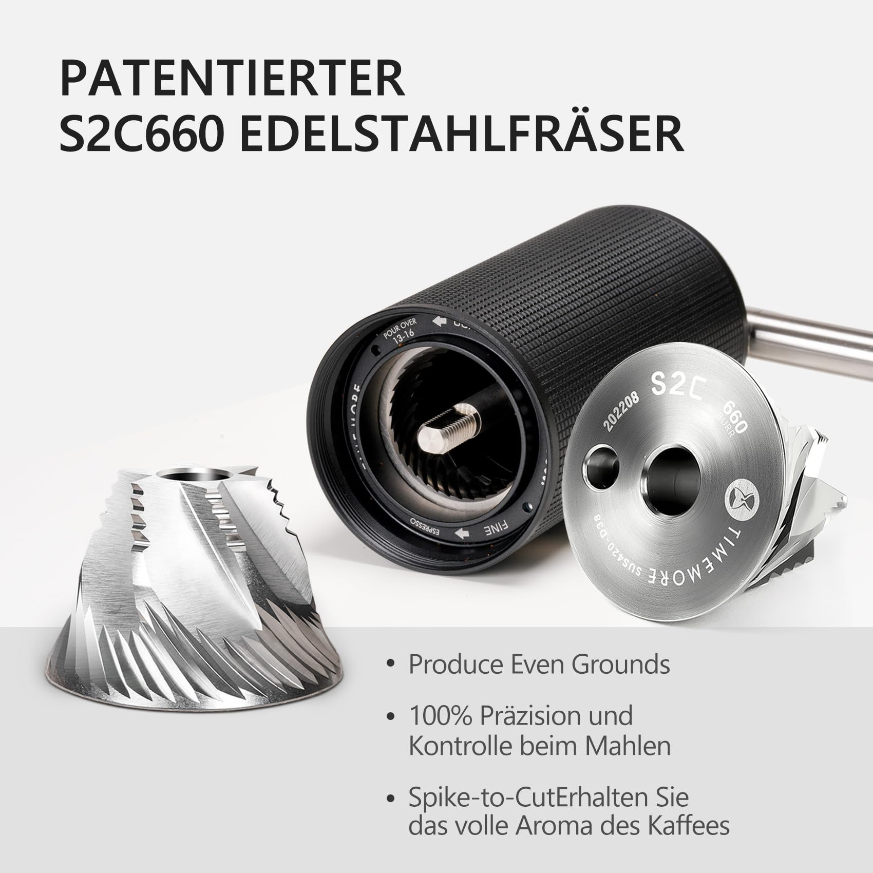 Edelstahlfräser für Kaffeemühle mit German Text.