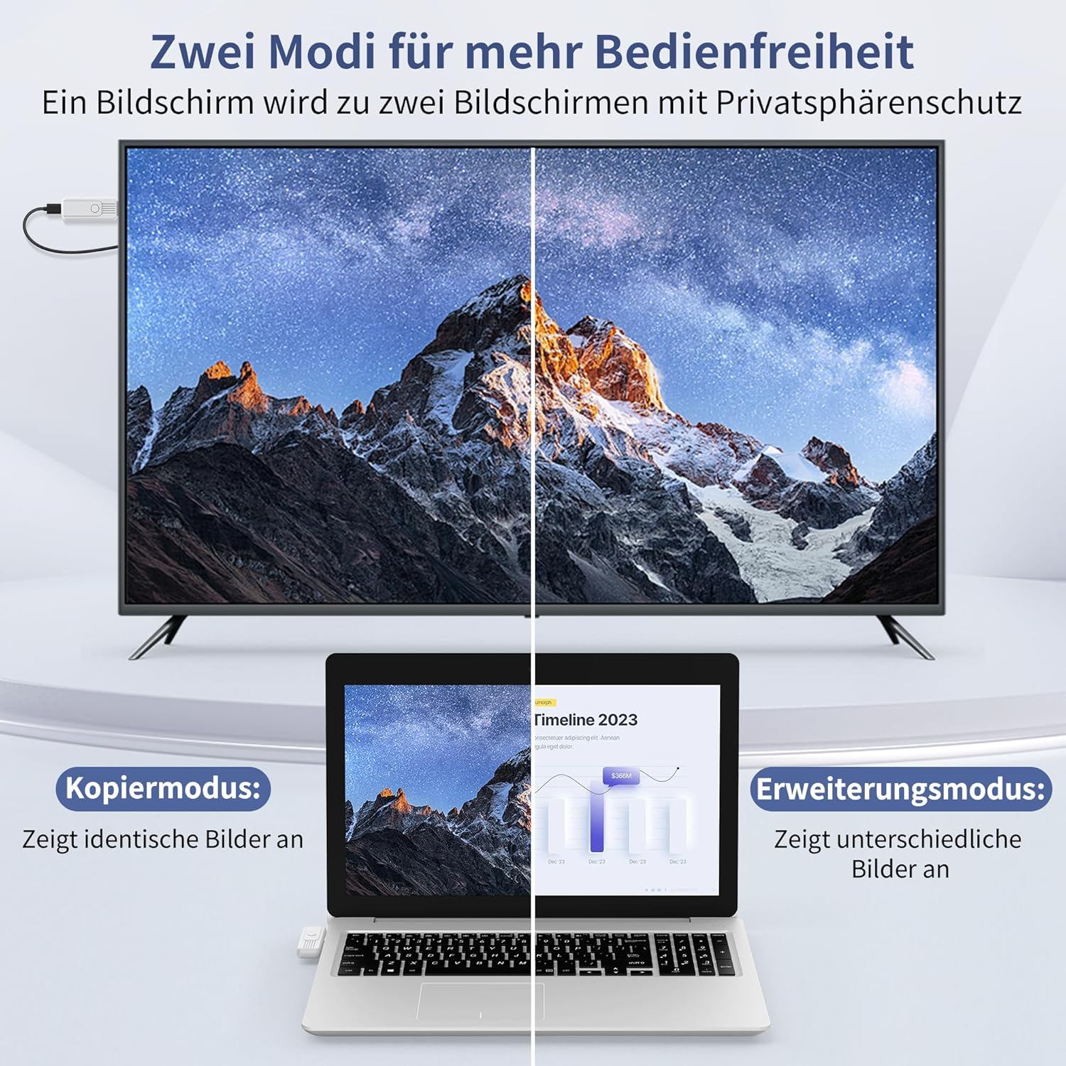 Vergleich von Kopiermodus und Erweiterungsmodus auf einem Fernseher und Laptop mit Berggrafik.