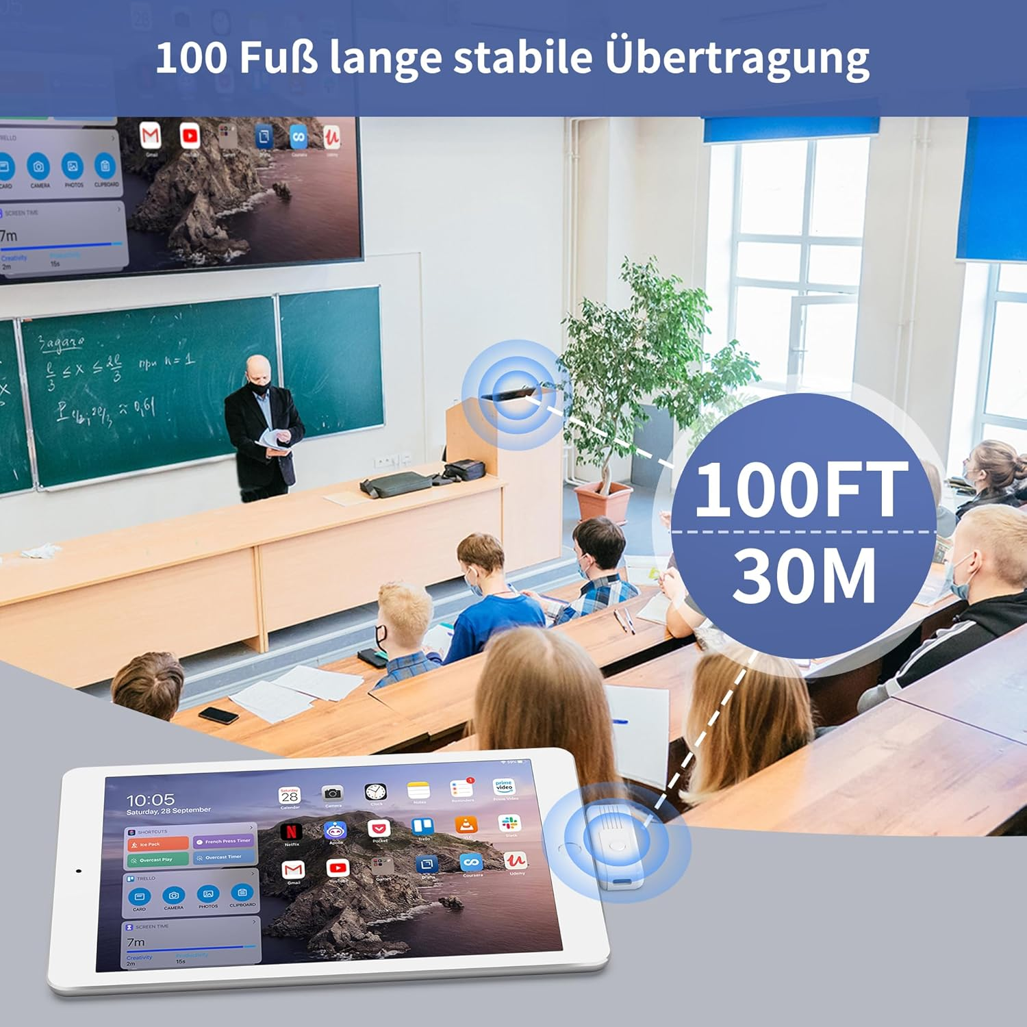 Ein Hörsaal mit Studenten, einem Professor an der Tafel und einem Tablet im Vordergrund, das mit 100 Fuß Reichweite wirbt.