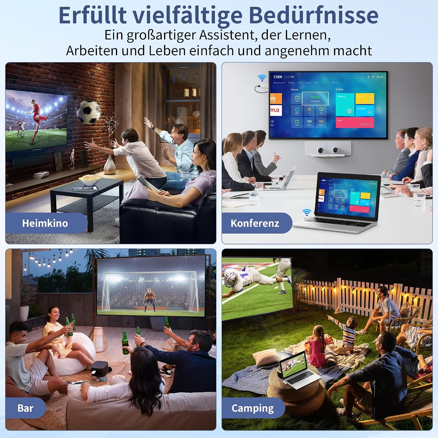 Vier Szenen zeigen die Verwendung eines Beamers im Heimkino, bei Konferenzen, in der Bar und beim Camping.