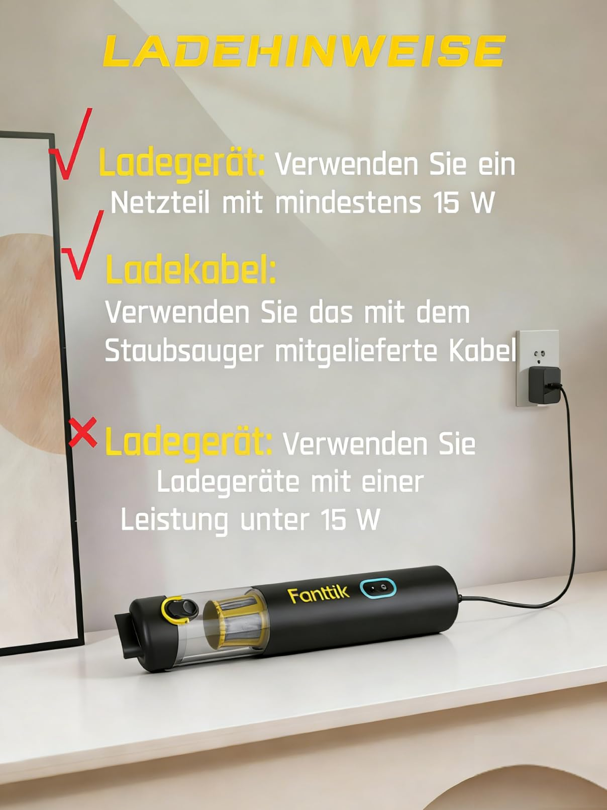 Instructions de charge pour un aspirateur à main Fanttik avec câble et prise.