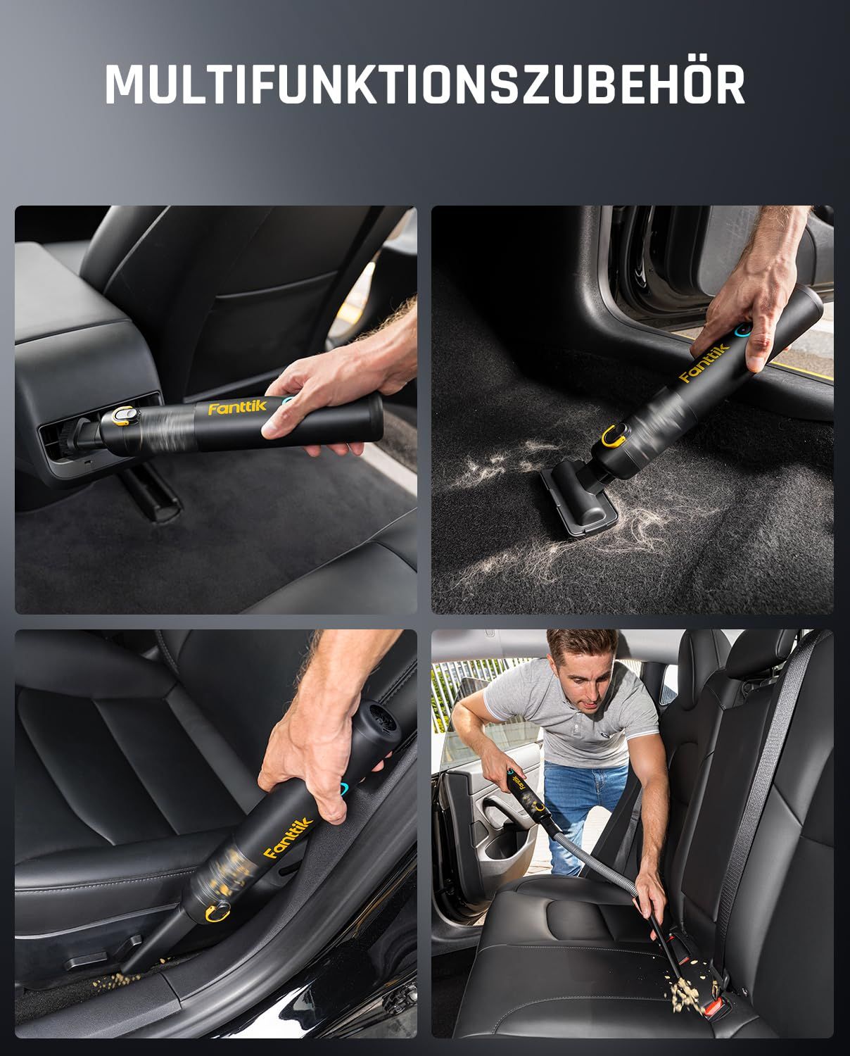 Quatre images montrent un aspirateur de voiture Fanttik noir utilisé pour nettoyer différentes zones.
