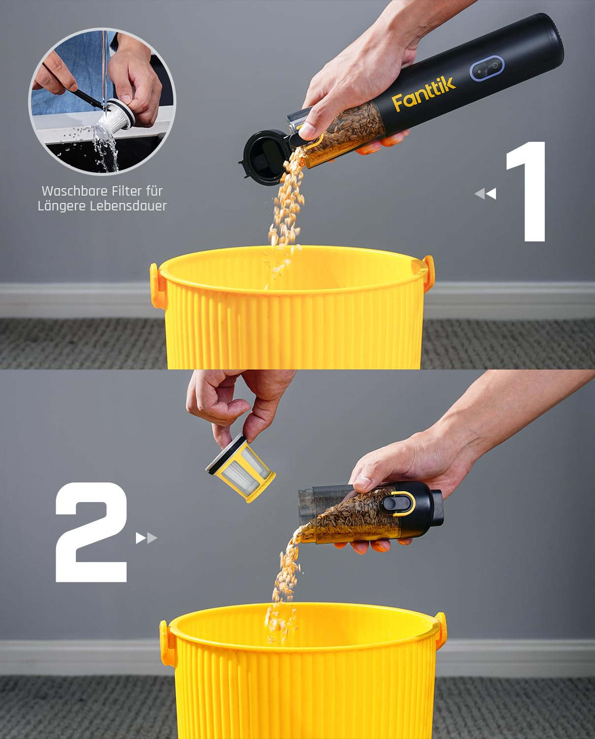 Des mains vident un aspirateur Fanttik dans un seau jaune, montrant des grains et un filtre.