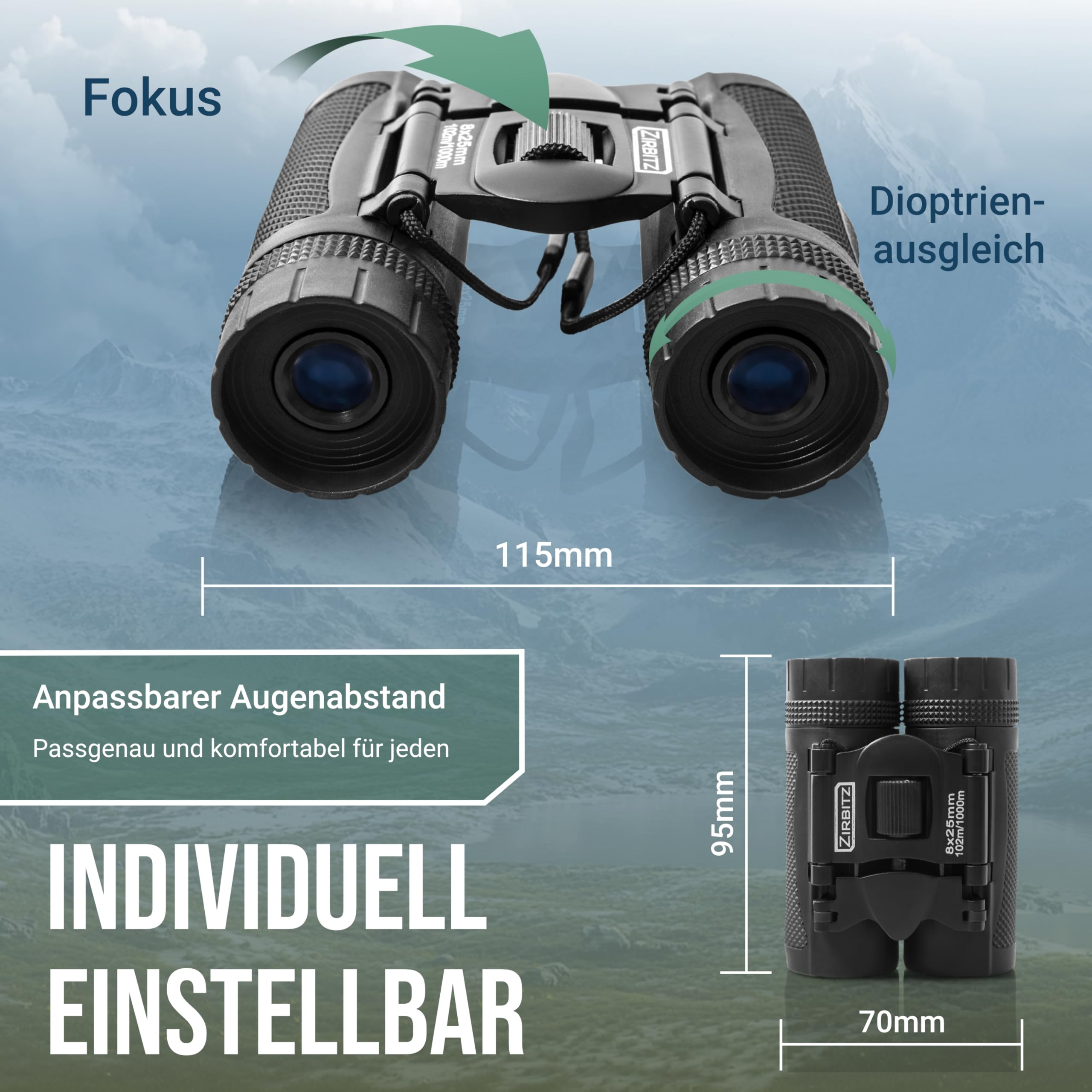 Jumelles noires avec indicateurs de mise au point et de réglage dioptrique, et dimensions sur fond de montagne.