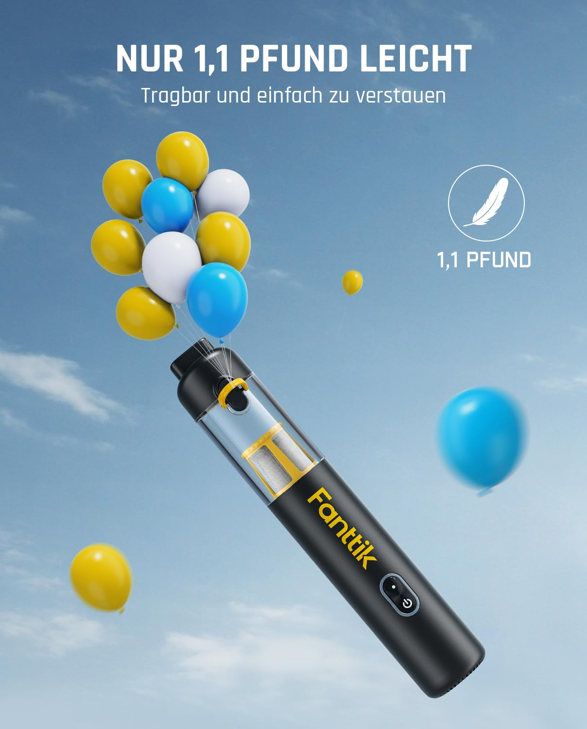 Un aspirateur à main noir léger Fanttik est soulevé par des ballons colorés sur fond de ciel bleu.