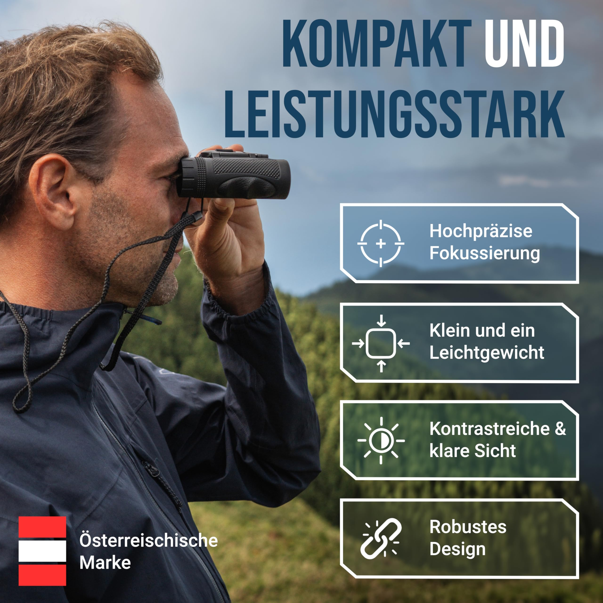 Un homme regarde dans des jumelles compactes dans un paysage montagneux avec des boîtes d'information.