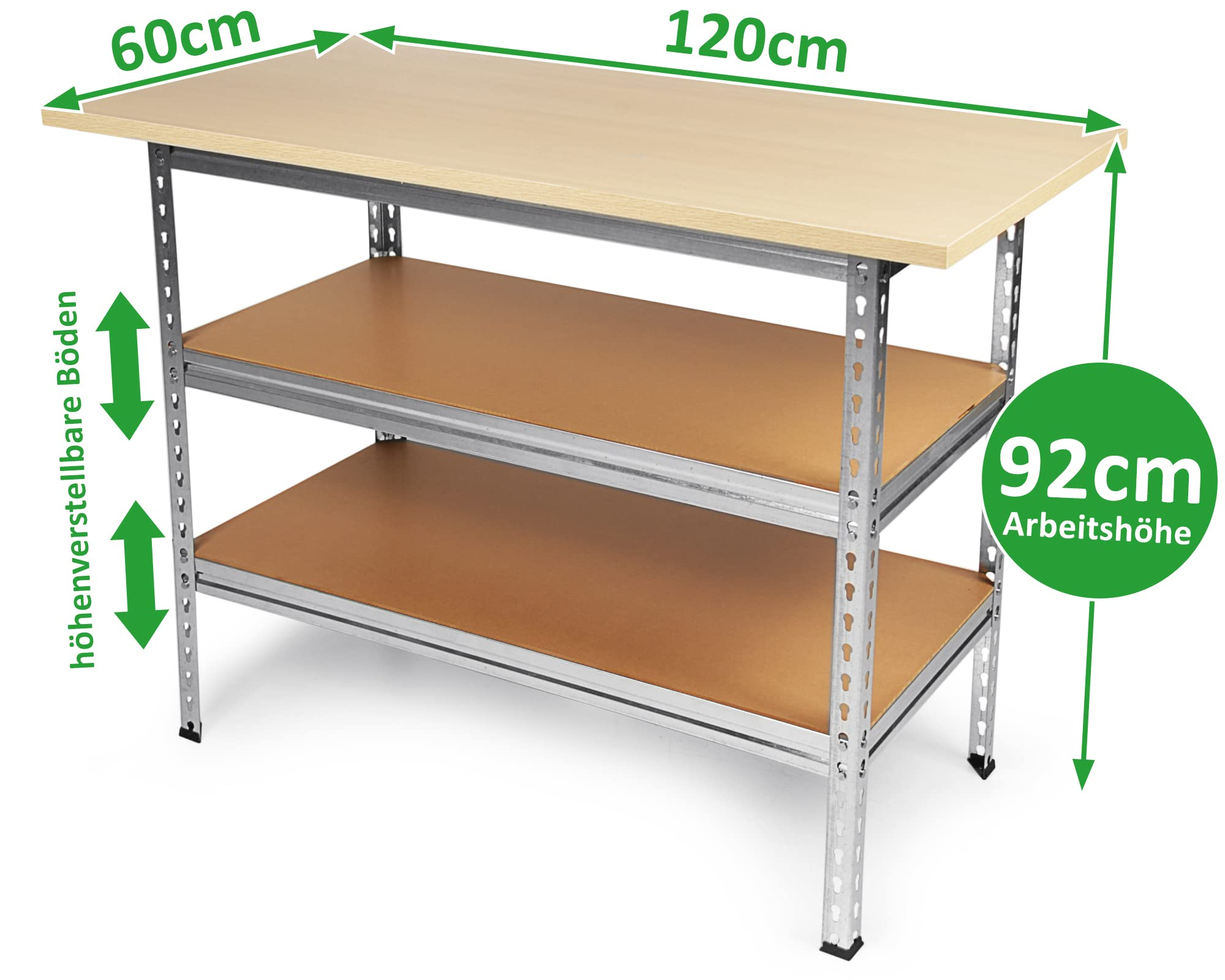 Eine Werkbank aus Metall mit drei Holzböden, 120cm breit, 60cm tief und 92cm hoch, mit höhenverstellbaren Böden.
