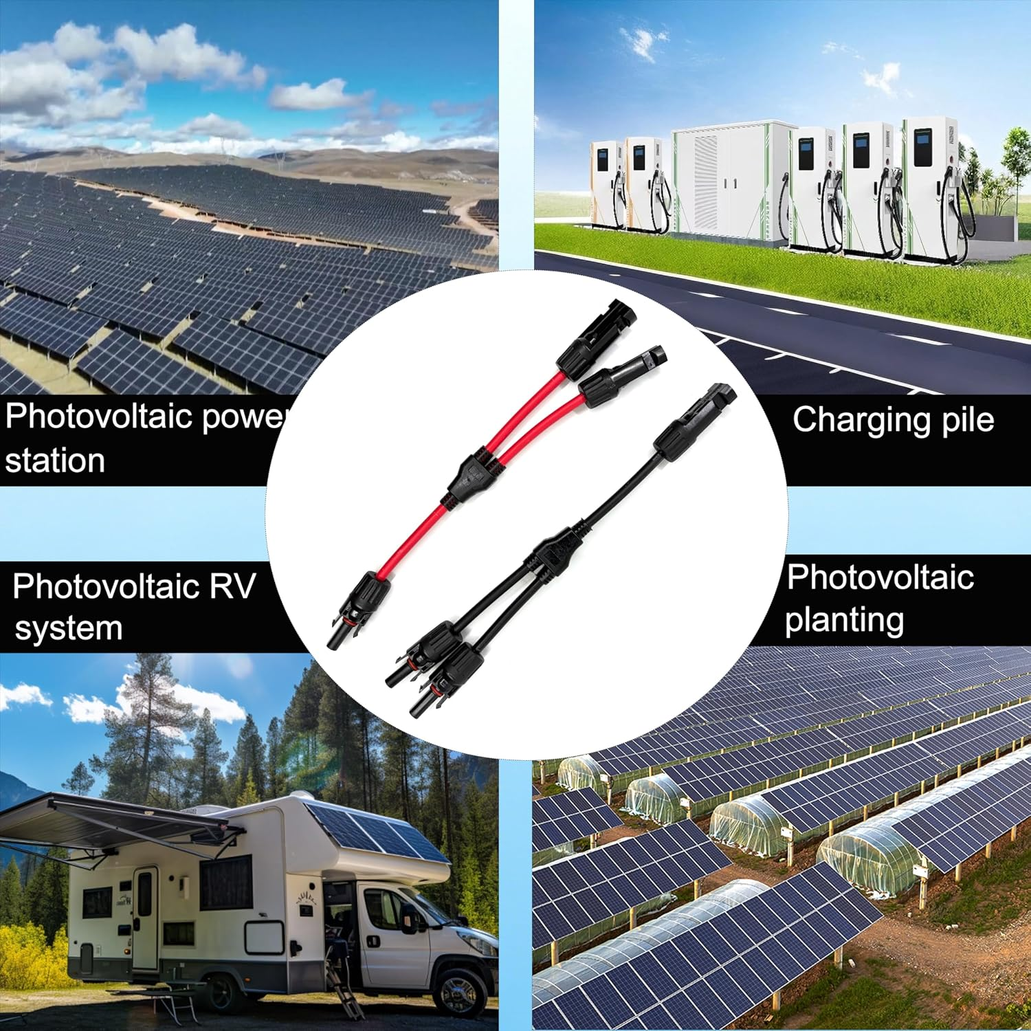 Solarpanel-Steckverbinder in der Mitte, umgeben von Bildern von Photovoltaikanlagen, Wohnmobilen und Ladesäulen.