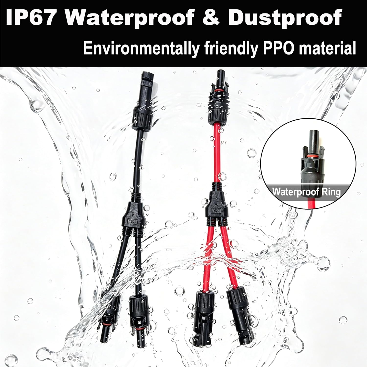 Wasserdichte und staubdichte Solarkabel-Y-Stecker im Spritzwasser.