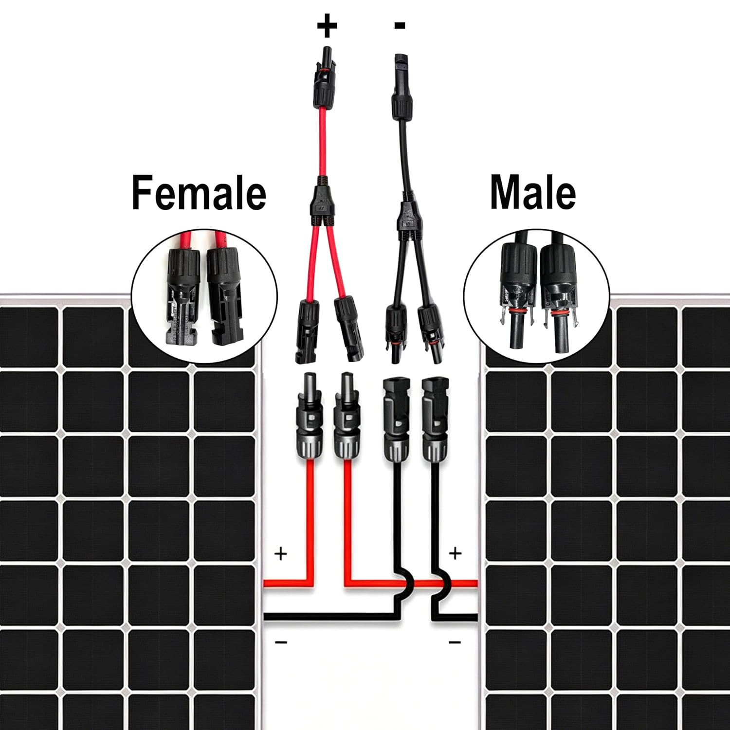 Diagramm von Solarmodulkabeln mit weiblichen und männlichen Steckern, rot für plus und schwarz für minus.