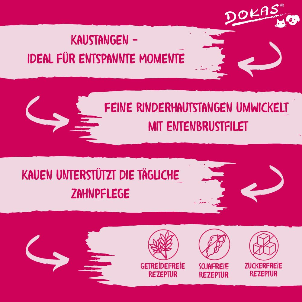 Rosa-weiße Infografik mit Texten über Hunde-Kaustangen, Entenbrustfilet und Icons für zuckerfreie Rezepts.