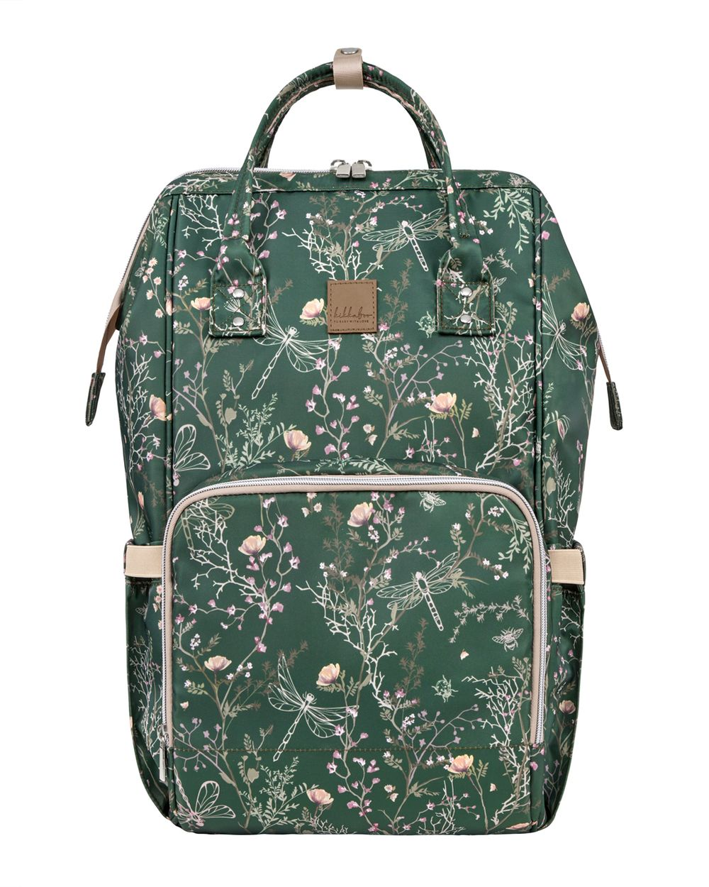 Ein dunkelgrüner Wickelrucksack mit botanischem Muster aus weißen Libellen, rosa Blüten und Blättern.