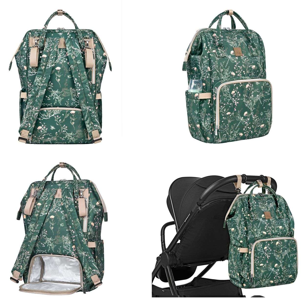 Grüner Wickelrucksack mit Blumenmuster, hellbraunen Akzenten und Kinderwagenbefestigung auf weißem Hintergrund.