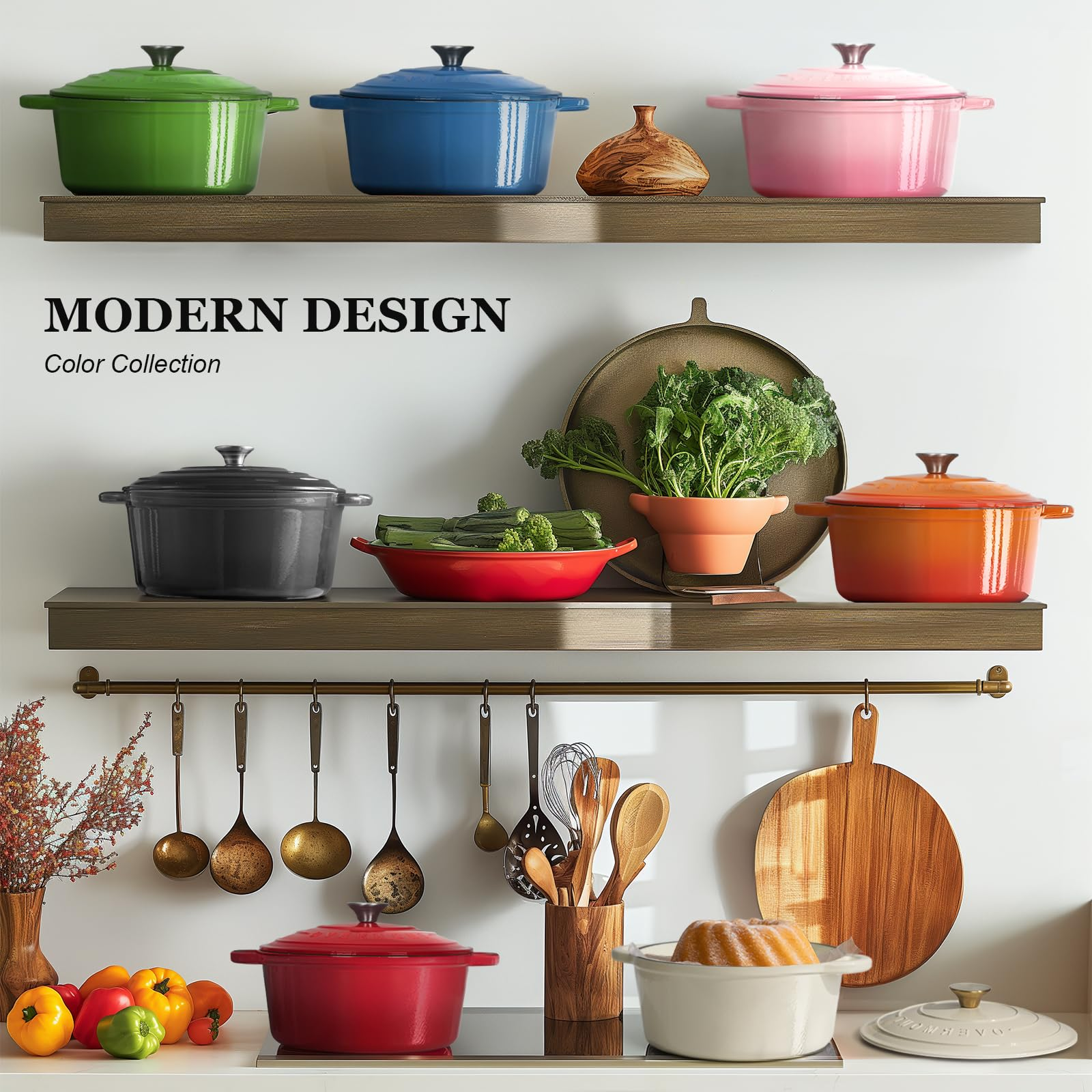 Moderni scaffali da cucina con pentole colorate, verdure fresche e utensili.