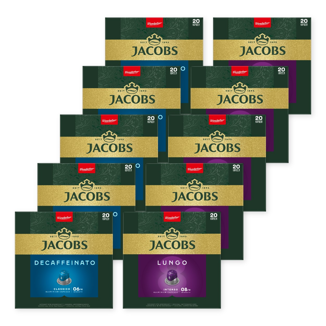 Stapel aus zehn Jacobs-Kaffeekapselpackungen in den Sorten Decaffeinato und Lungo vor weißem Hintergrund.