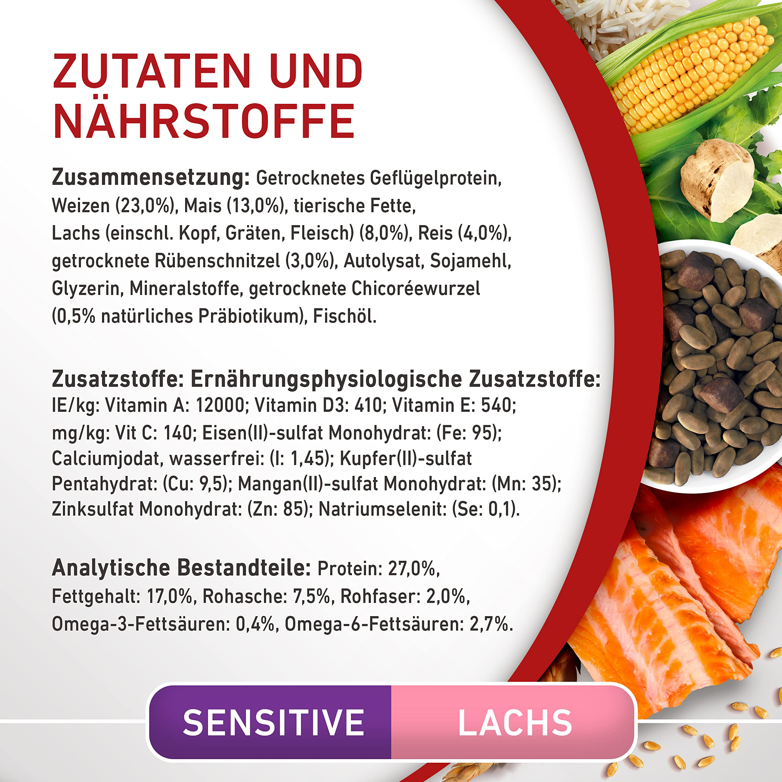 Inhaltsstoffe und Nährwerte für Katzenfutter mit Lachs und Mais auf weißem Hintergrund.