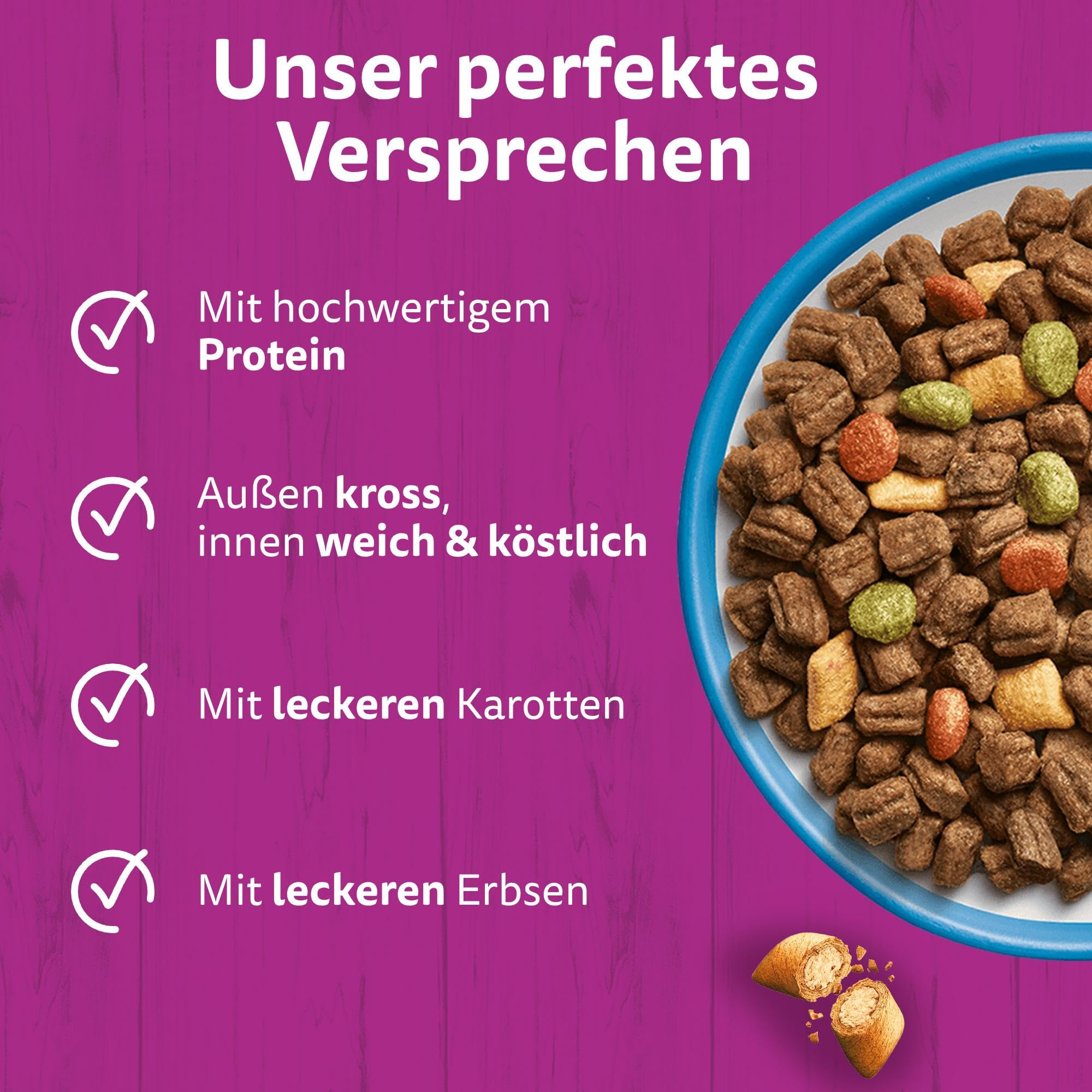 Eine Schüssel mit braunem, grünem und gelbem Katzenfutter auf einem violetten Hintergrund mit deutschem Text.