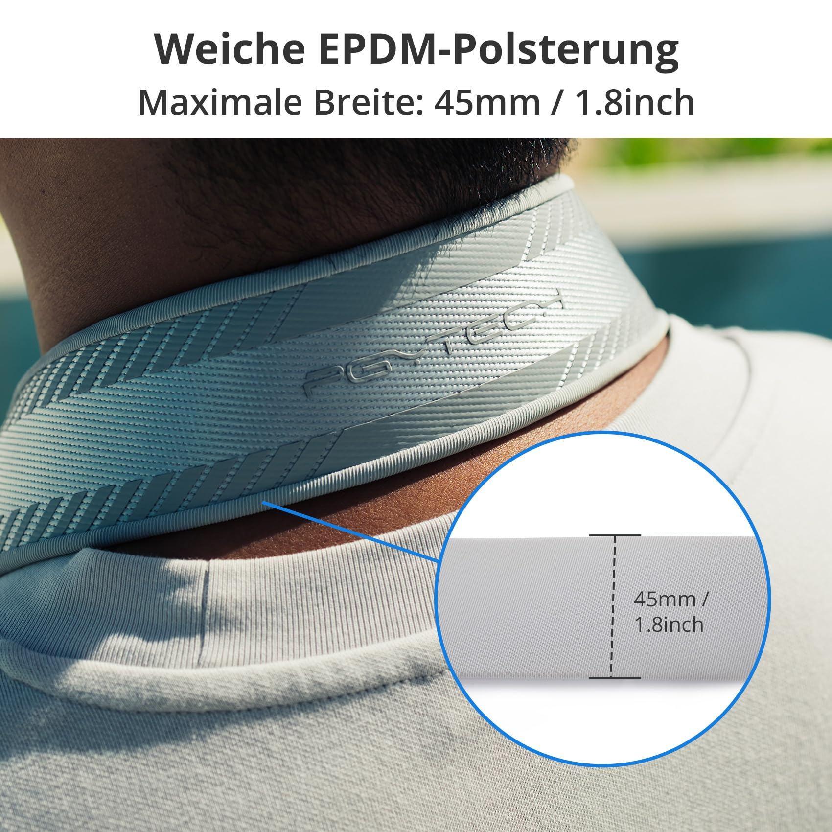 Grauer gepolsterter Nackengurt mit 45mm Breite und Text.