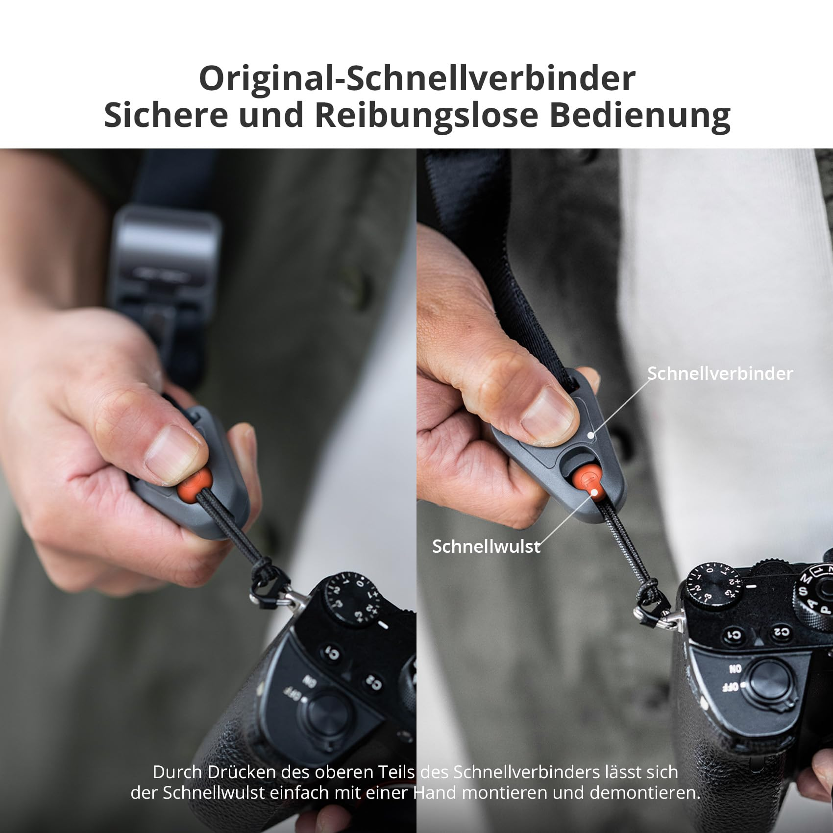 Zwei Hände zeigen die Bedienung des Kamera-Schnellverbinders mit orangem Knopf und Tragegurt.
