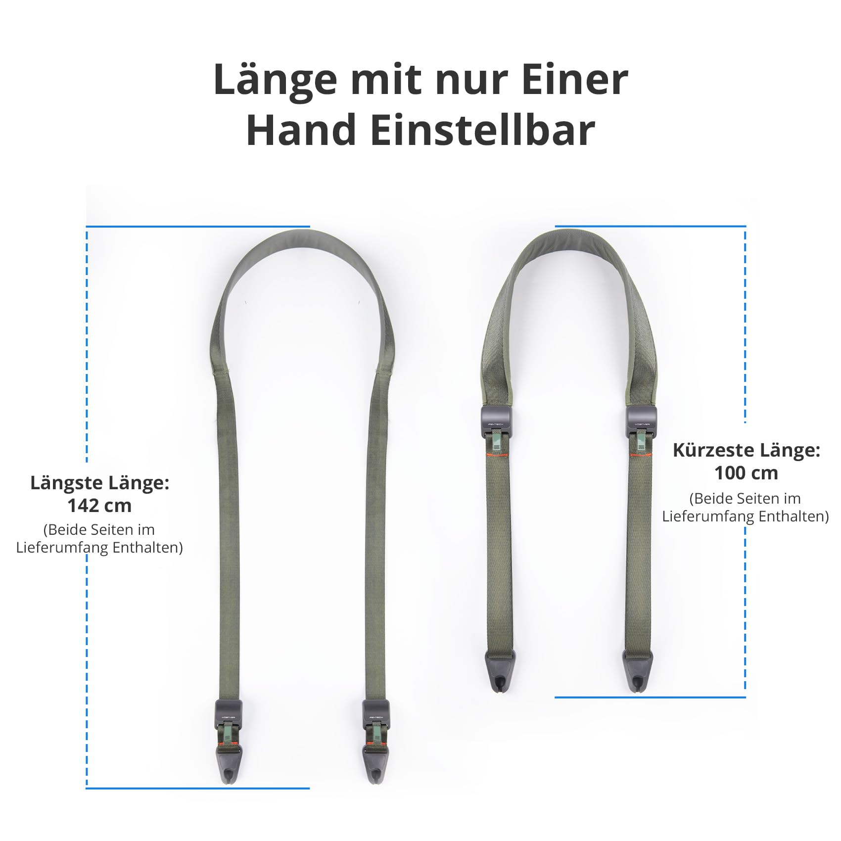 Diagramm zeigt verstellbaren Kameragurt mit Längen von 142 cm und 100 cm auf weißem Hintergrund.