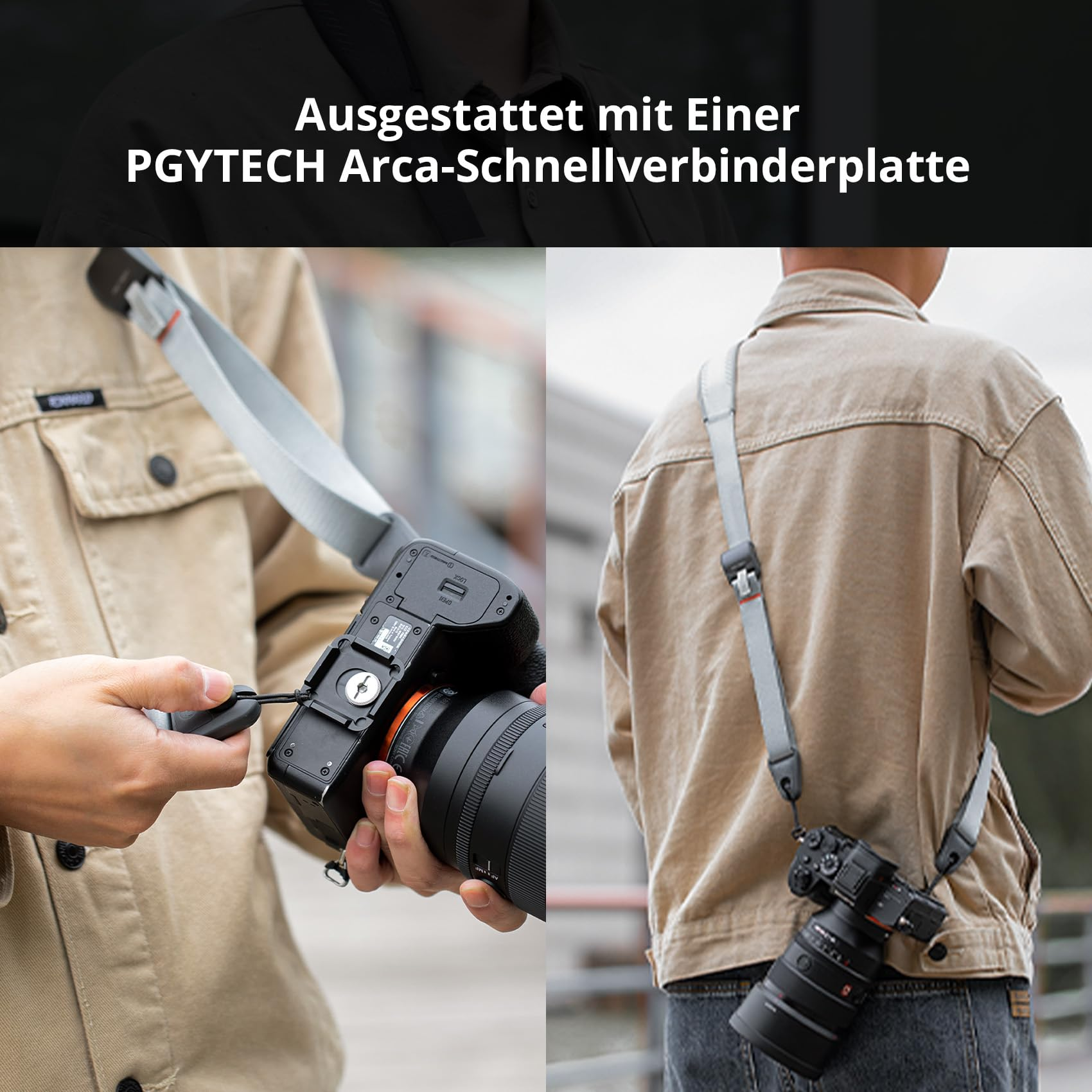 Person zeigt eine Kamera mit grauen Riemen und Arca-Schnellverbinderplatte.