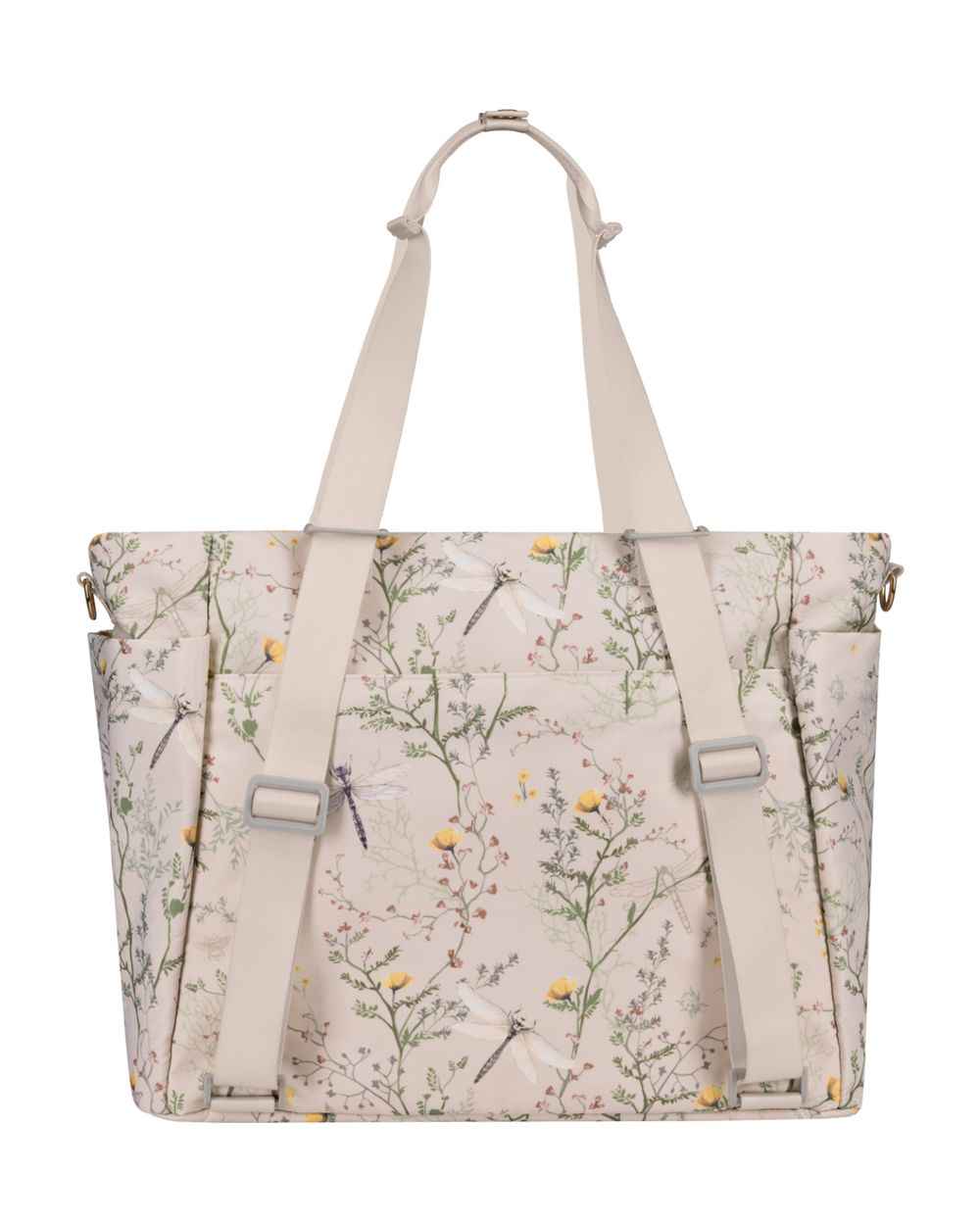 Beige Wickeltasche mit Blumen- und Libellenmuster, langen Tragegurten und Vordertaschen.
