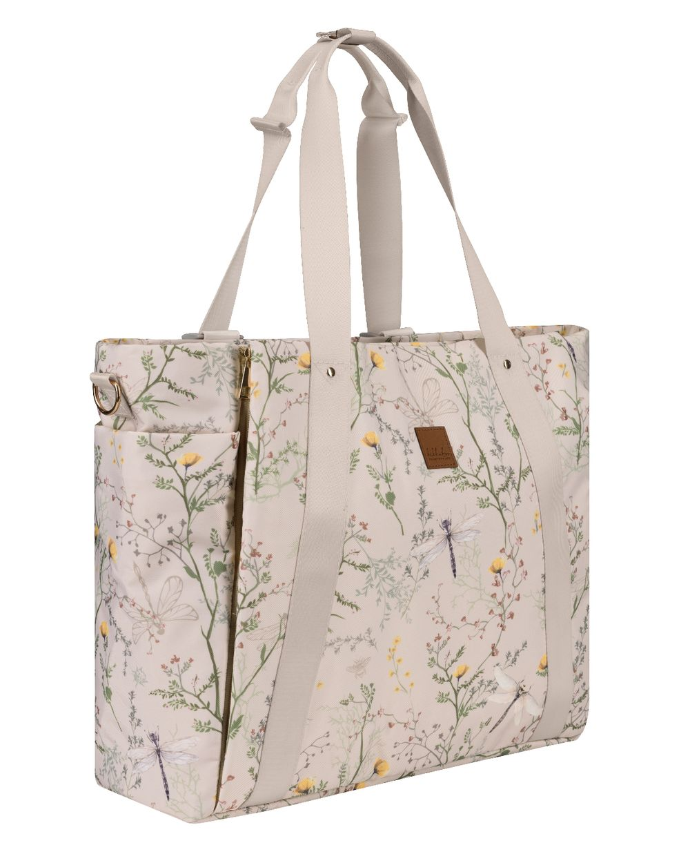 Beige Stofftasche mit zarten Pflanzen und Libellen, hellen Henkeln und einem kleinen Markenlogo.