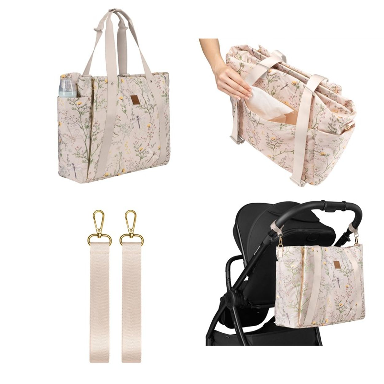 Eine beige Wickeltasche mit Pflanzenmuster, Seitenfächern und Griffen, gezeigt in vier verschiedenen Ansichten.