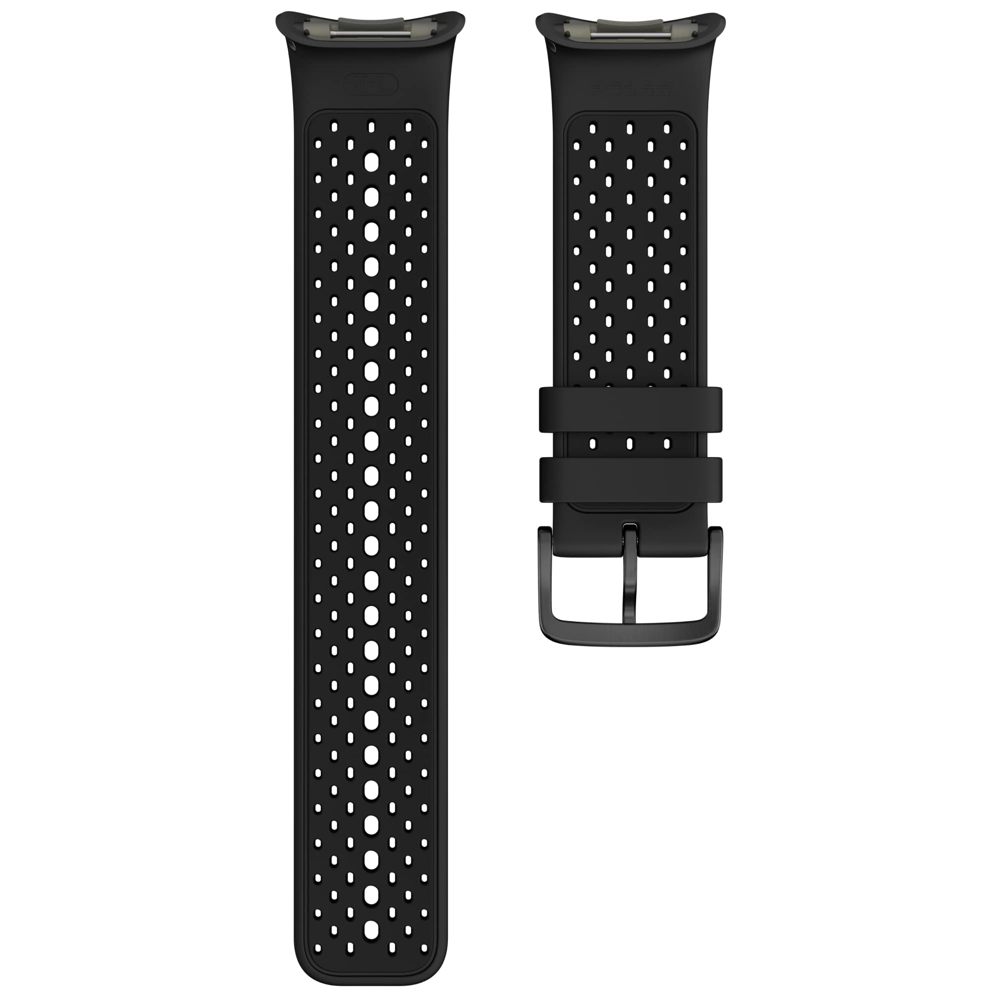Zwei Teile eines schwarzen, perforierten Uhrenarmbands mit Schnalle und zwei Schlaufen vor weißem Hintergrund.