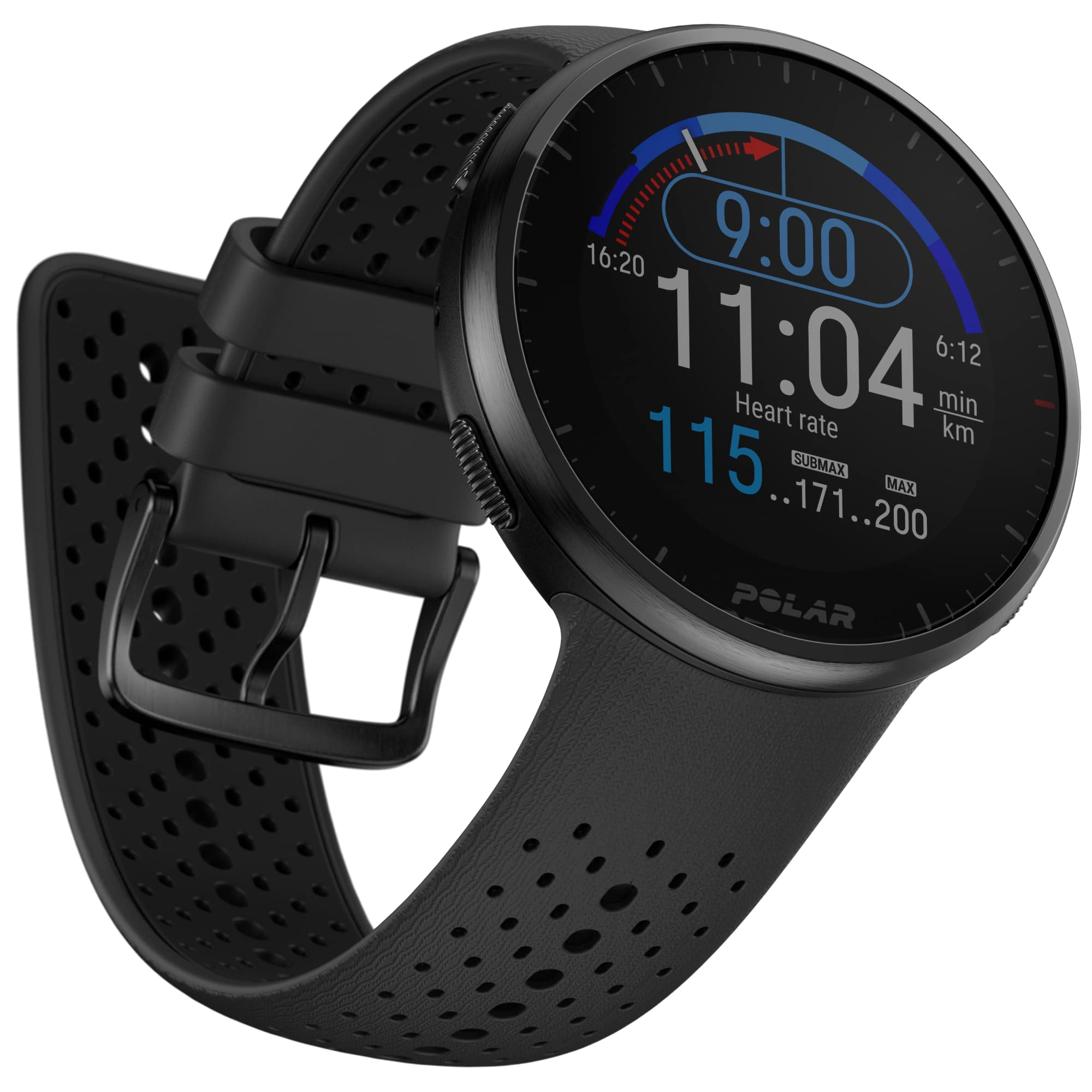 Schwarze Polar Sportuhr mit digitalem Zifferblatt und gelochtem Armband auf weißem Hintergrund.
