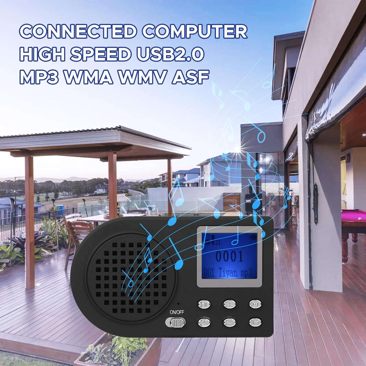 Ein schwarzer MP3-Player auf einem Holzdach mit Noten, vor dem Hintergrund von Häusern.