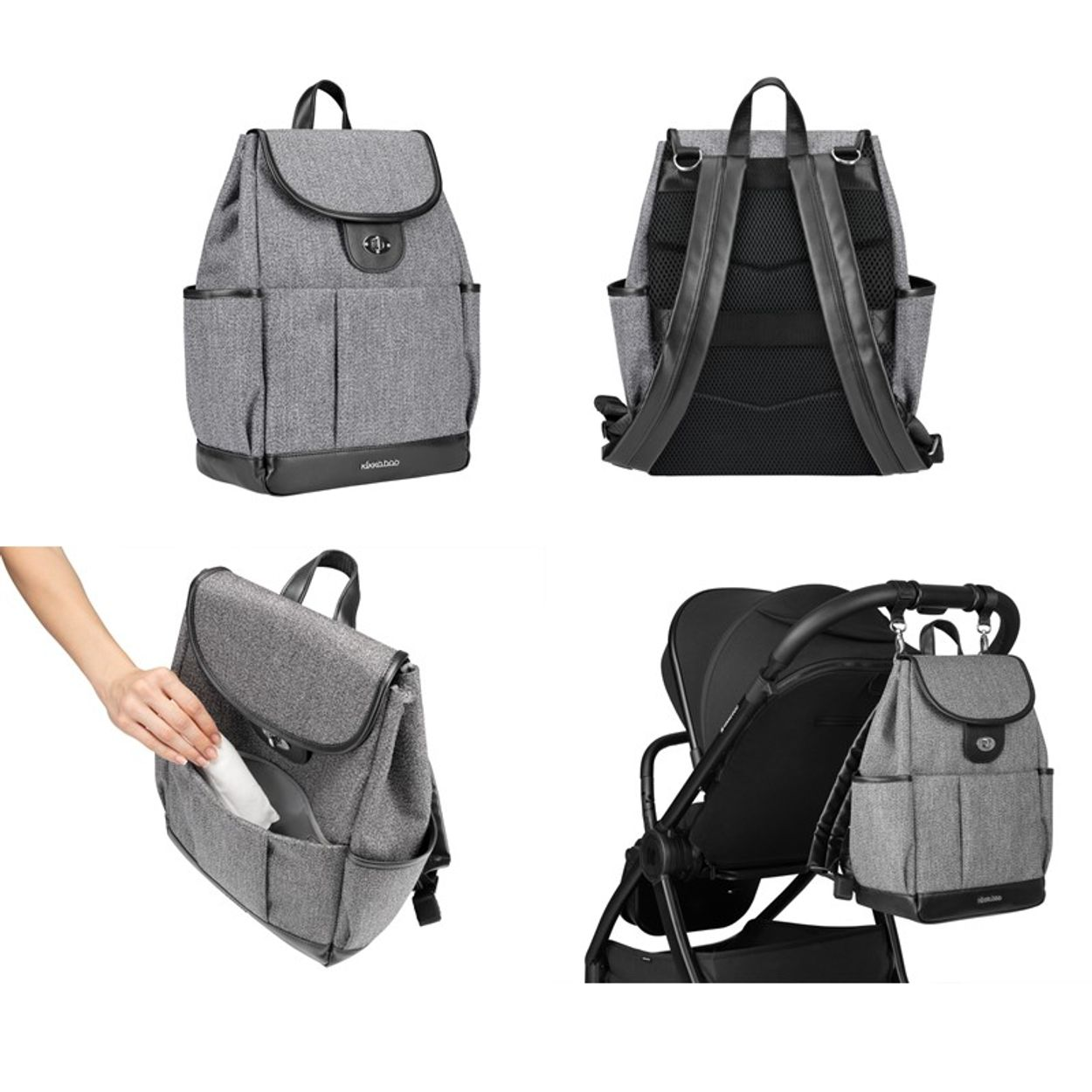 Grauer Stoff-Wickelrucksack mit schwarzem Lederbesatz, von vorne, hinten, offene Tasche und am Kinderwagen.