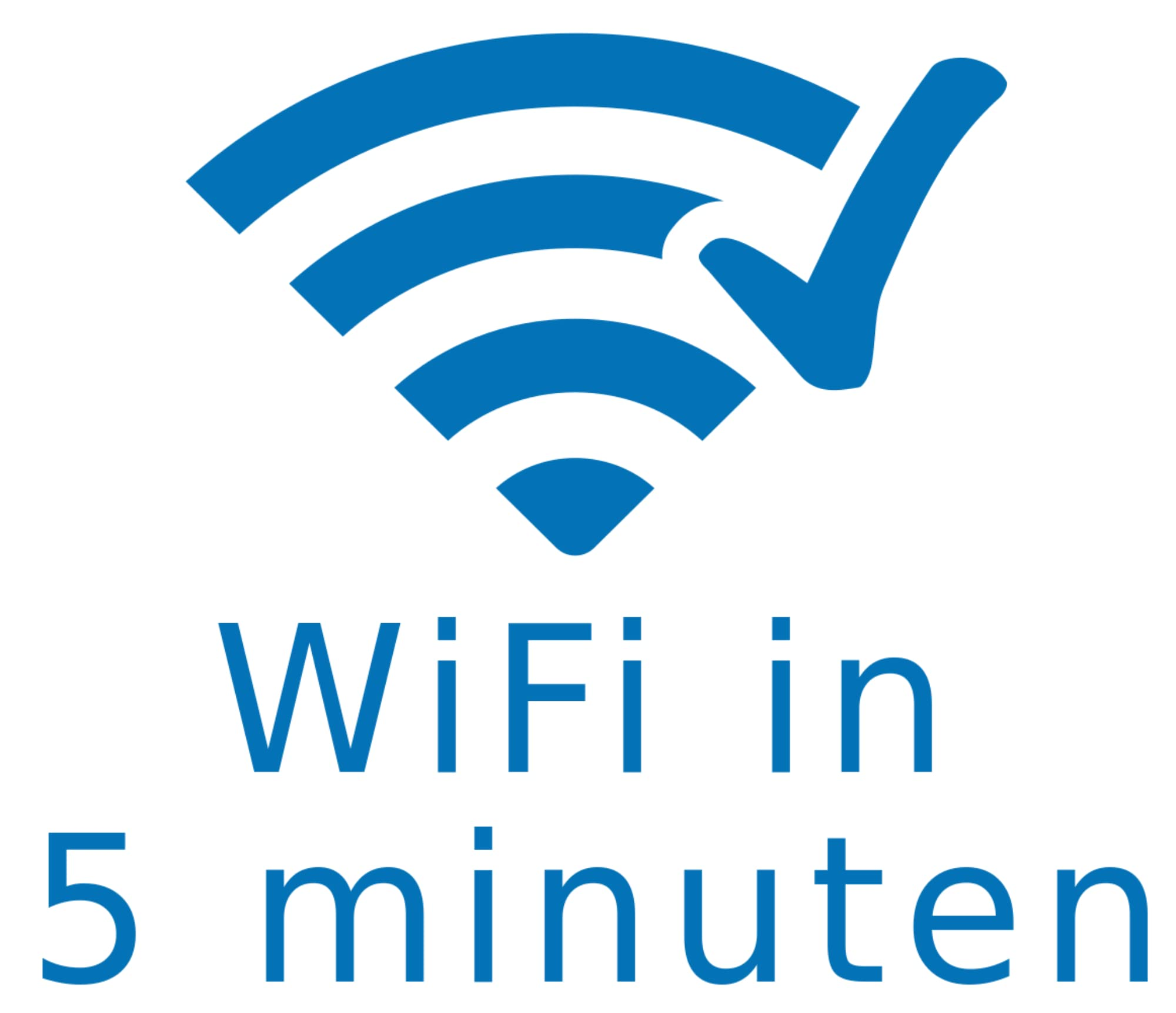 Ein blaues WLAN-Symbol mit Haken und dem Text WiFi in 5 minuten.